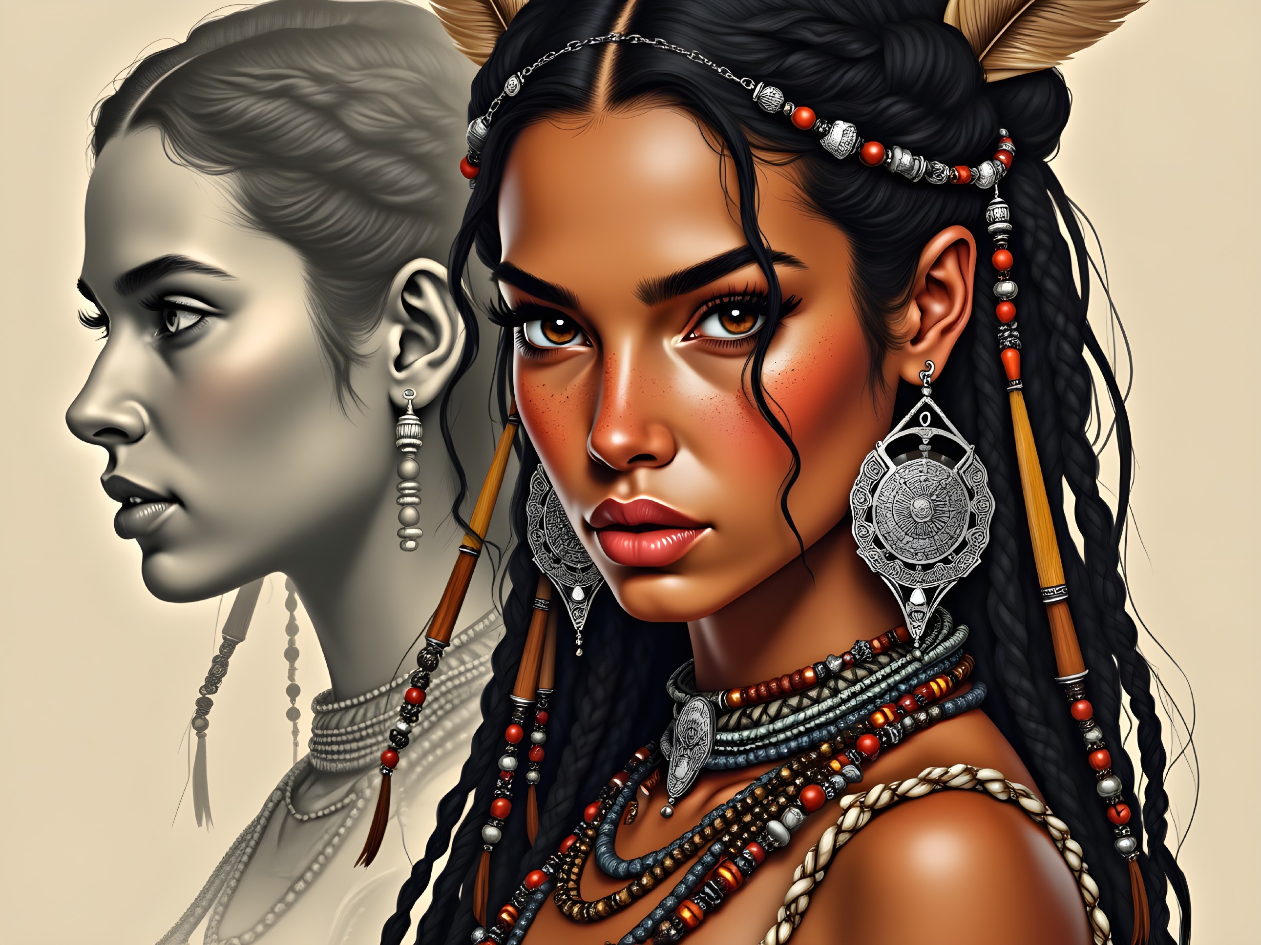 Portrait of a woman with braided hair and jewelry