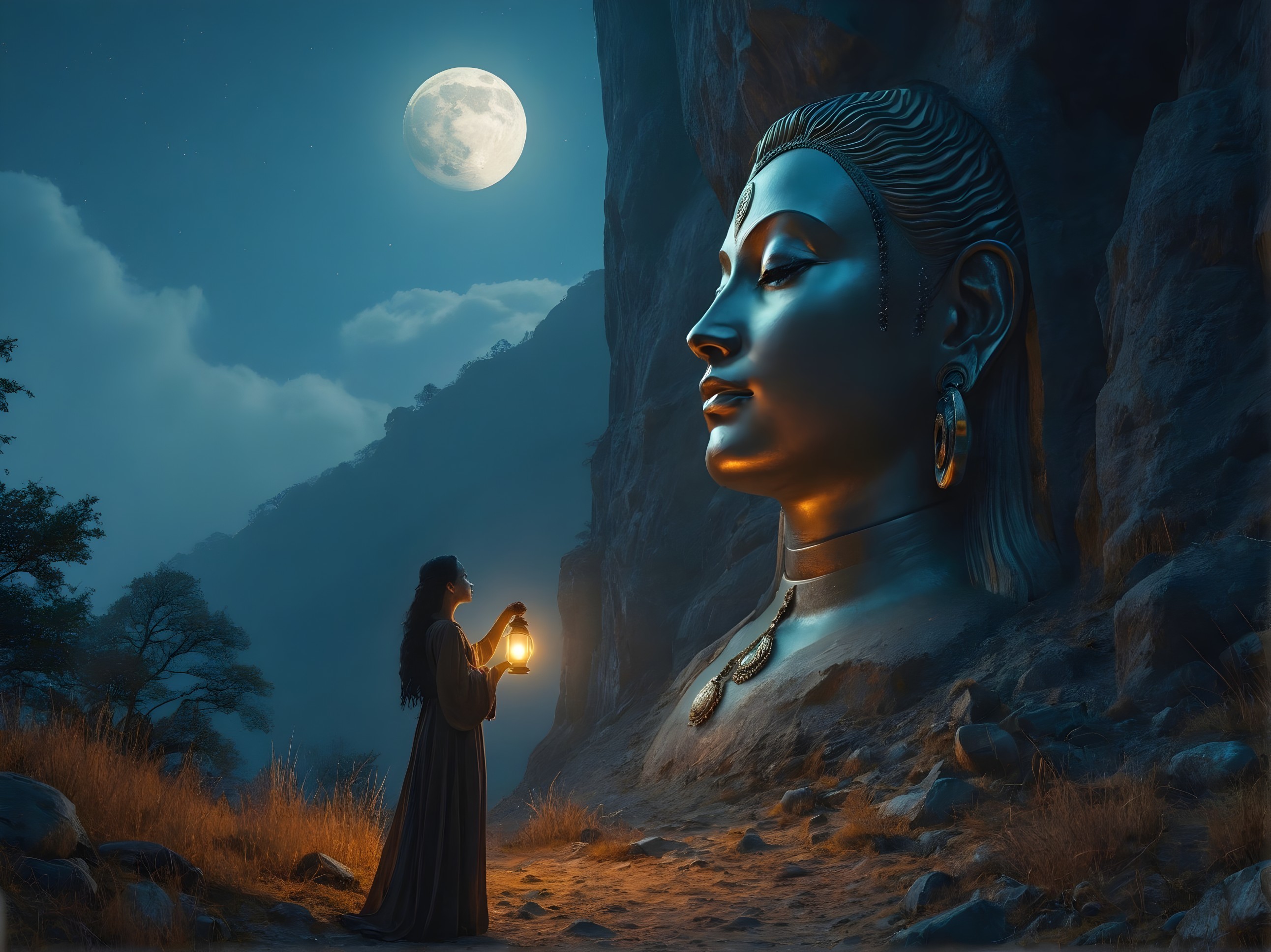 Giant Goddess Statue Illuminated by Full Moon Night