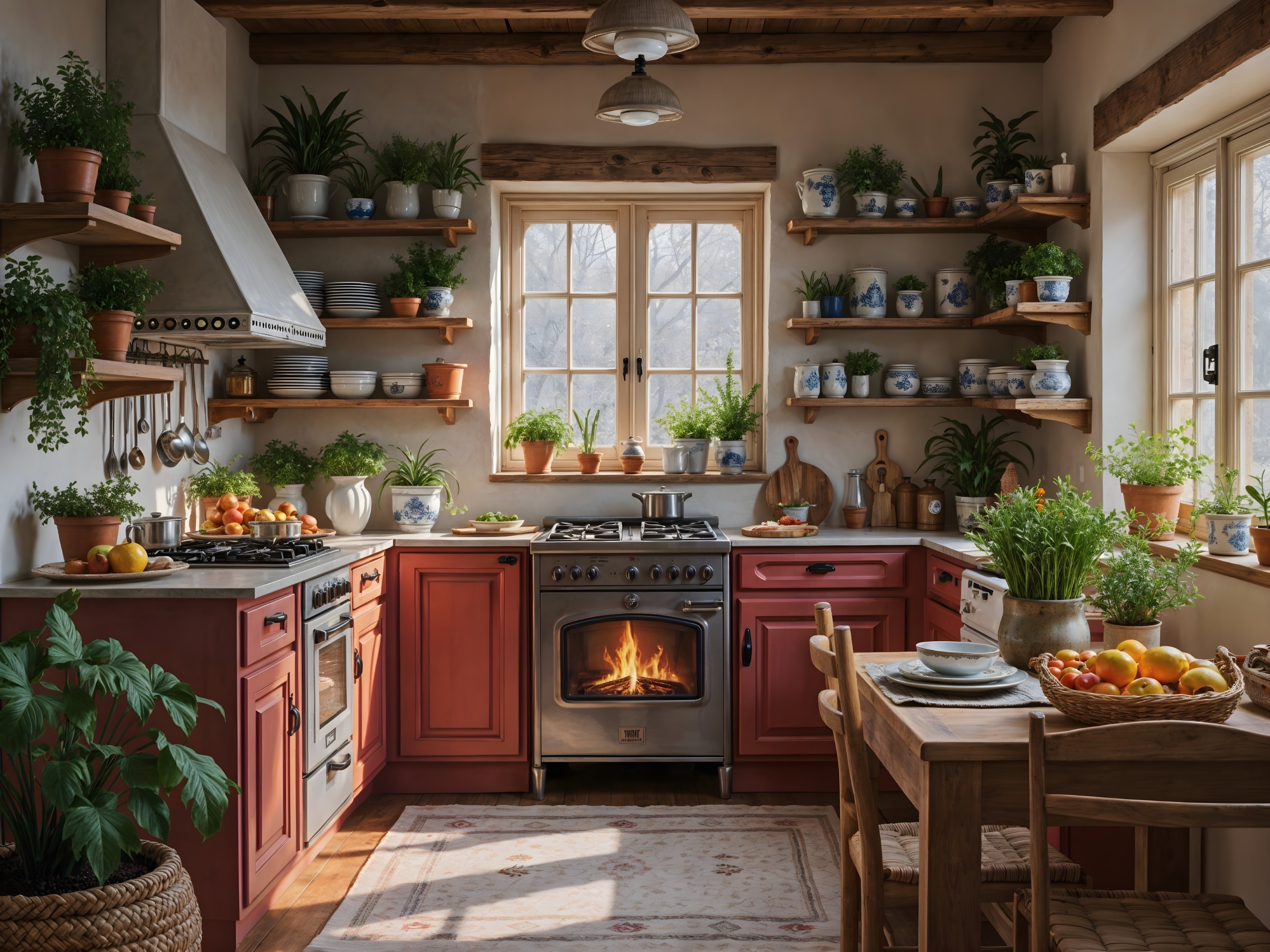 Cozy Kitchen with Wooden Beams and Red Cabinets