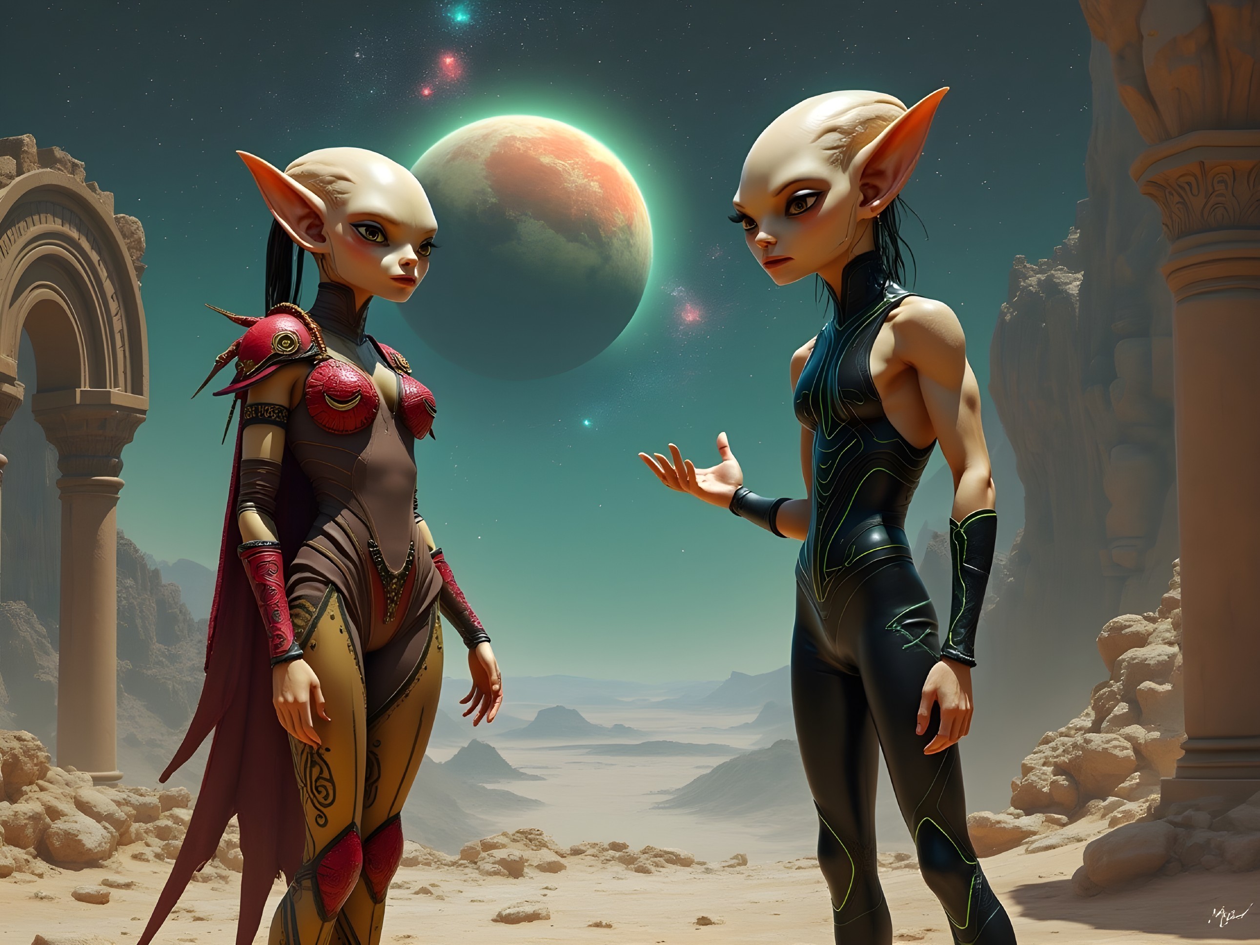 Elf-like Characters in Surreal Alien Landscape
