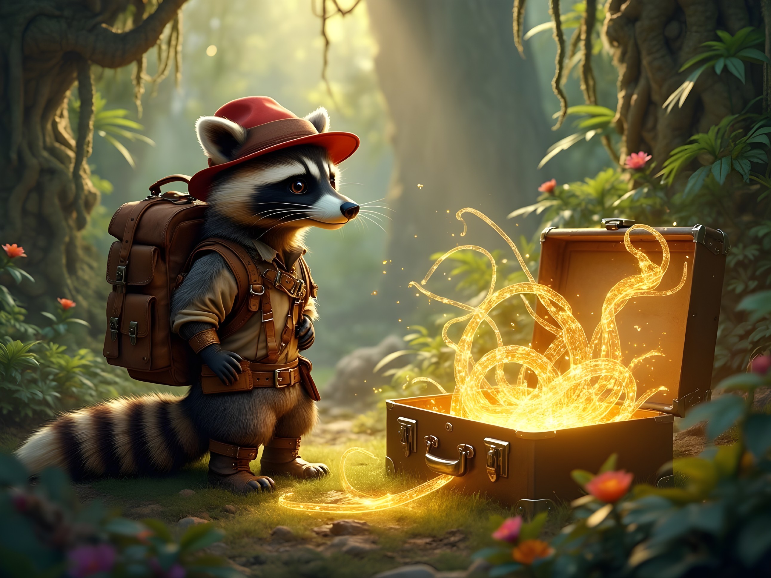 Charming Raccoon with Treasure Chest in Enchanted Forest