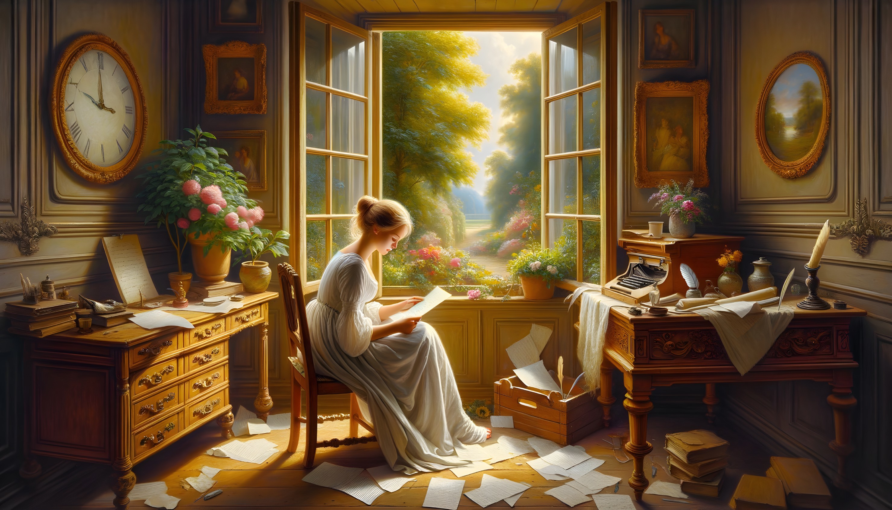 Sunlit Room with Woman Reading a Letter