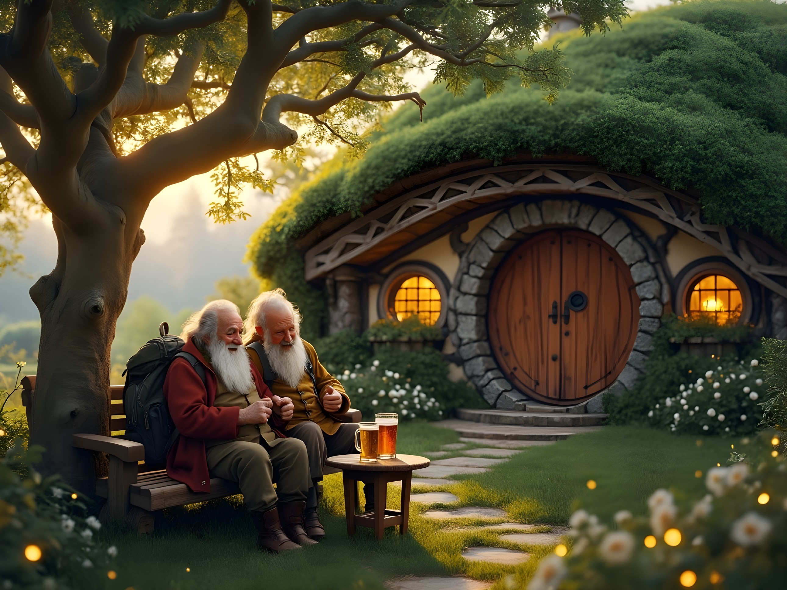 Elderly Men Laughing Under Tree by Cottage in Sunlight