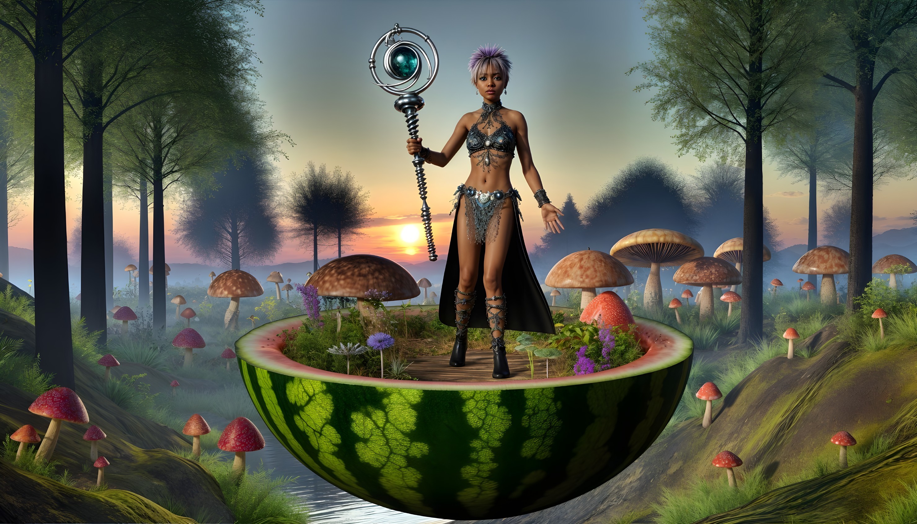 Confident Woman on Floating Watermelon in Whimsical Scene