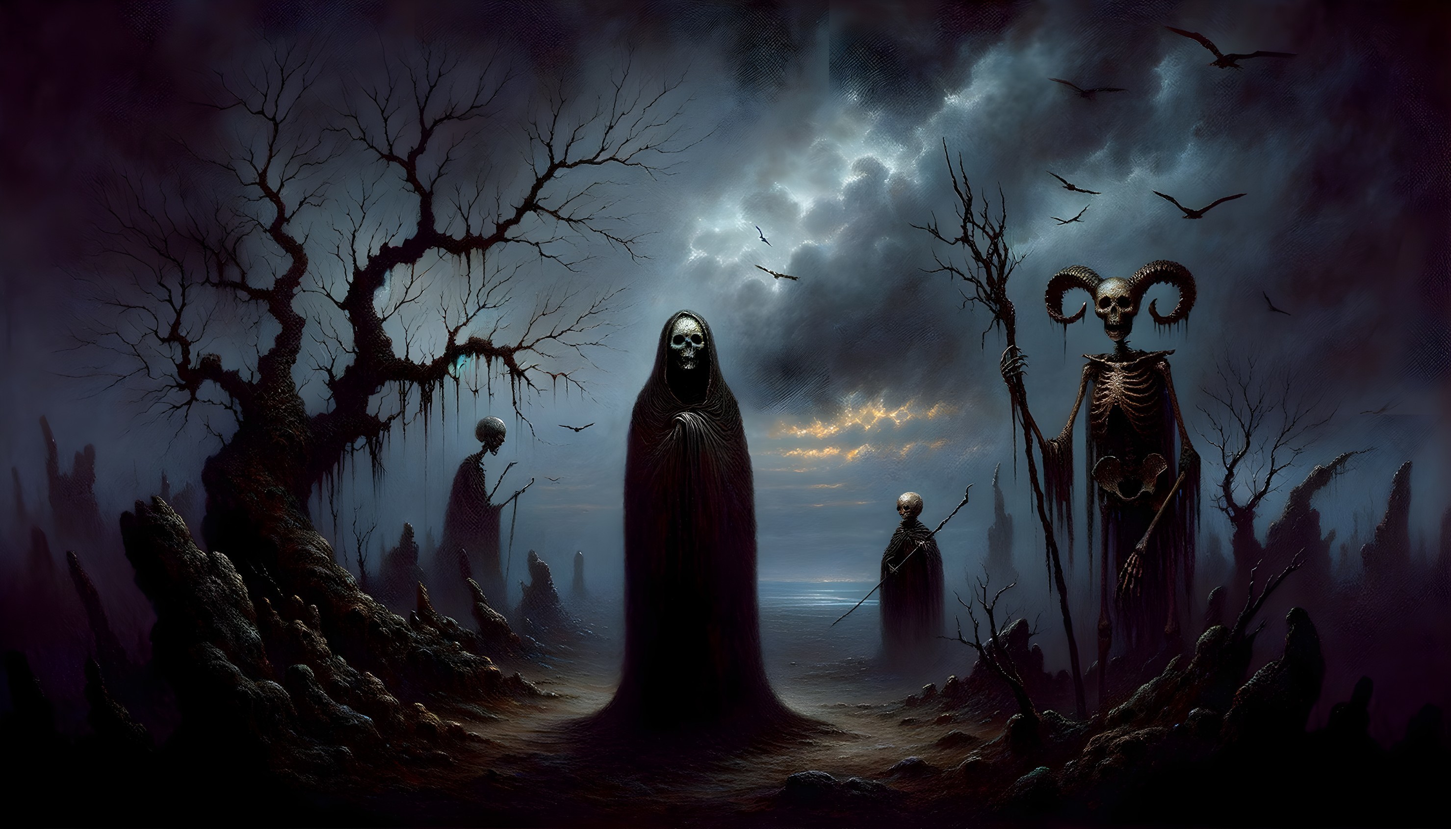 Eerie landscape with cloaked figure and skeletal companions