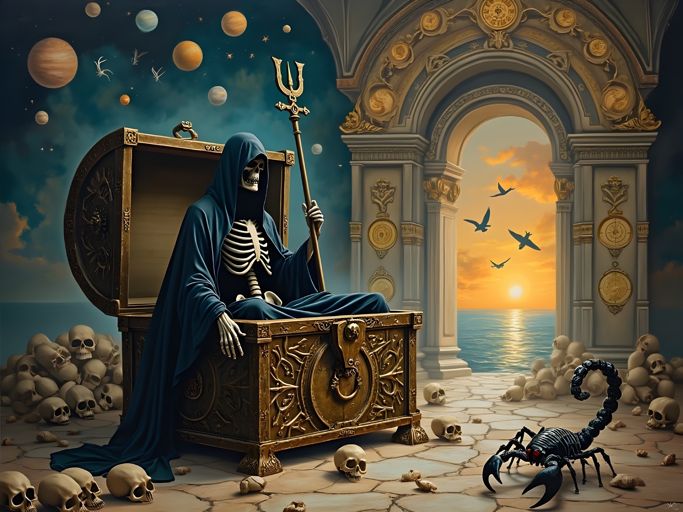 Skeletal Figure with Trident Overlooking Sunset Seascape