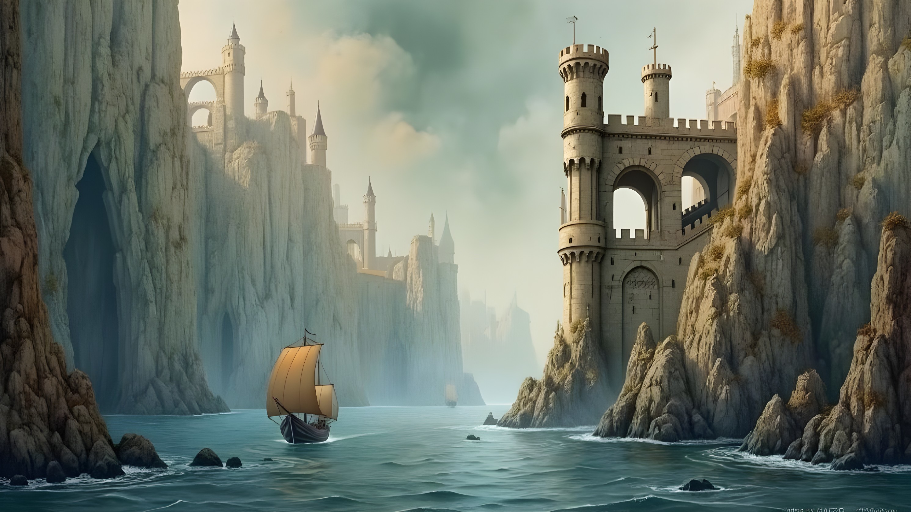 Serene Landscape with Cliffs, Castles, and Sailing Ship