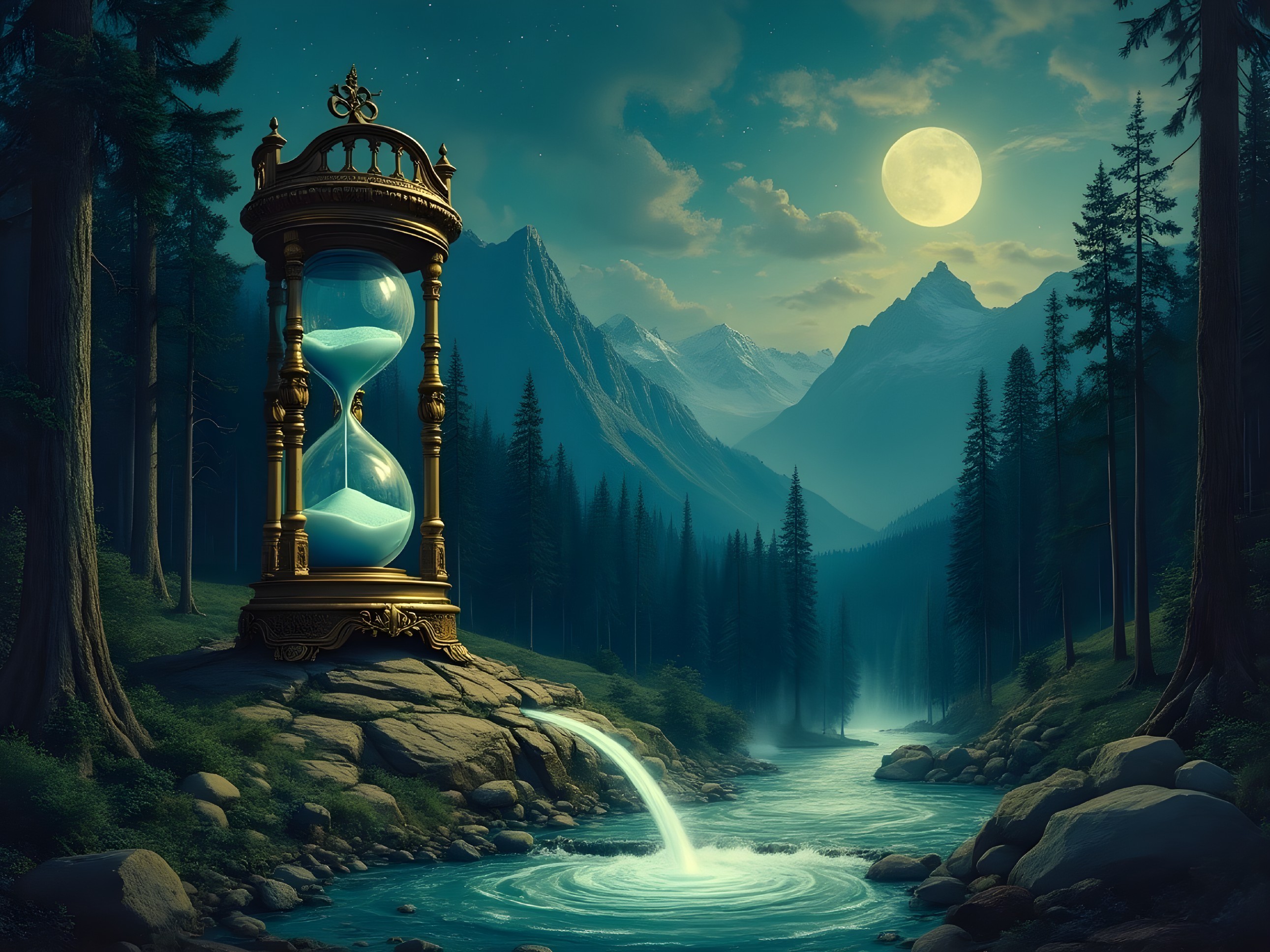 Majestic Landscape with Full Moon and Hourglass