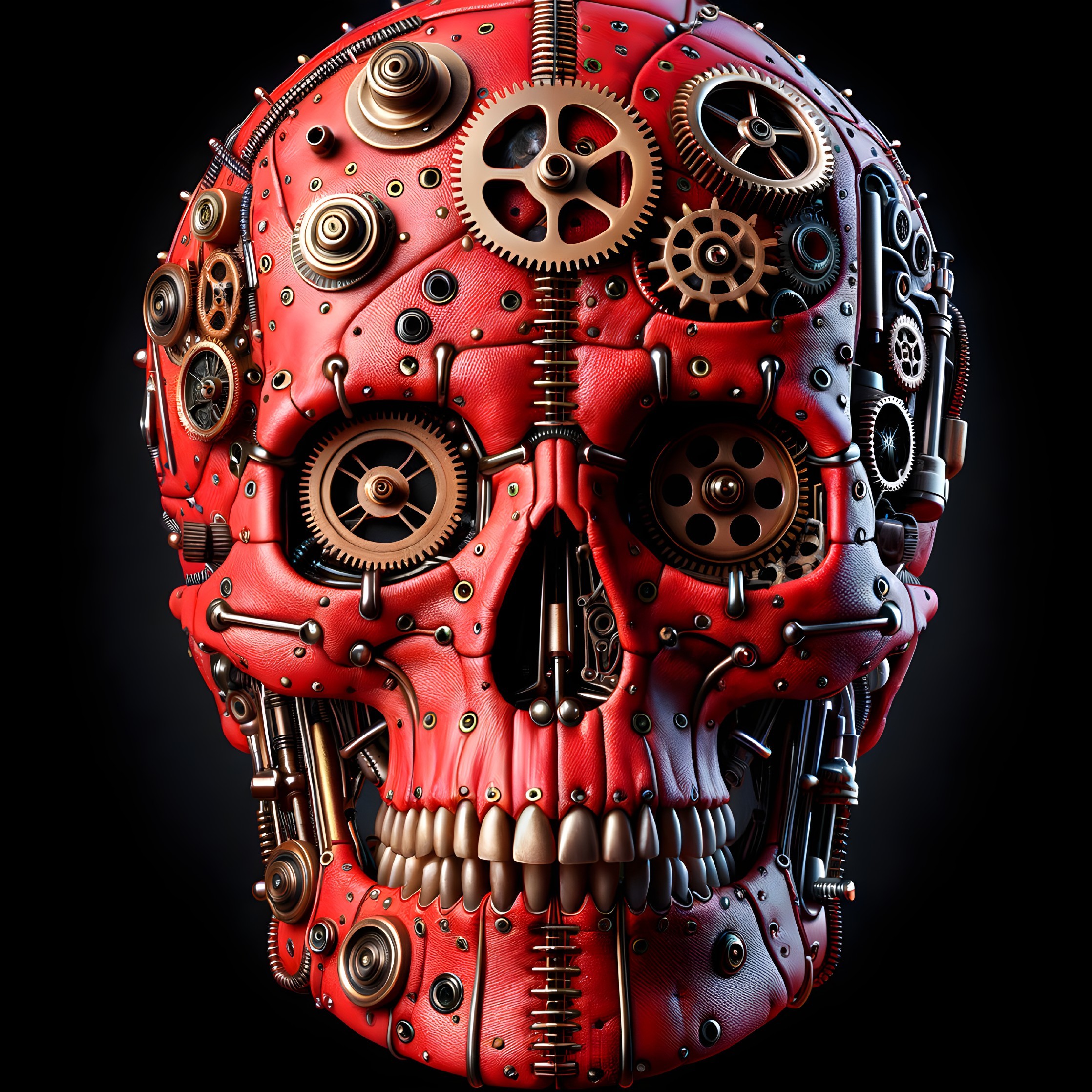 Stylized red skull with mechanical elements and gears