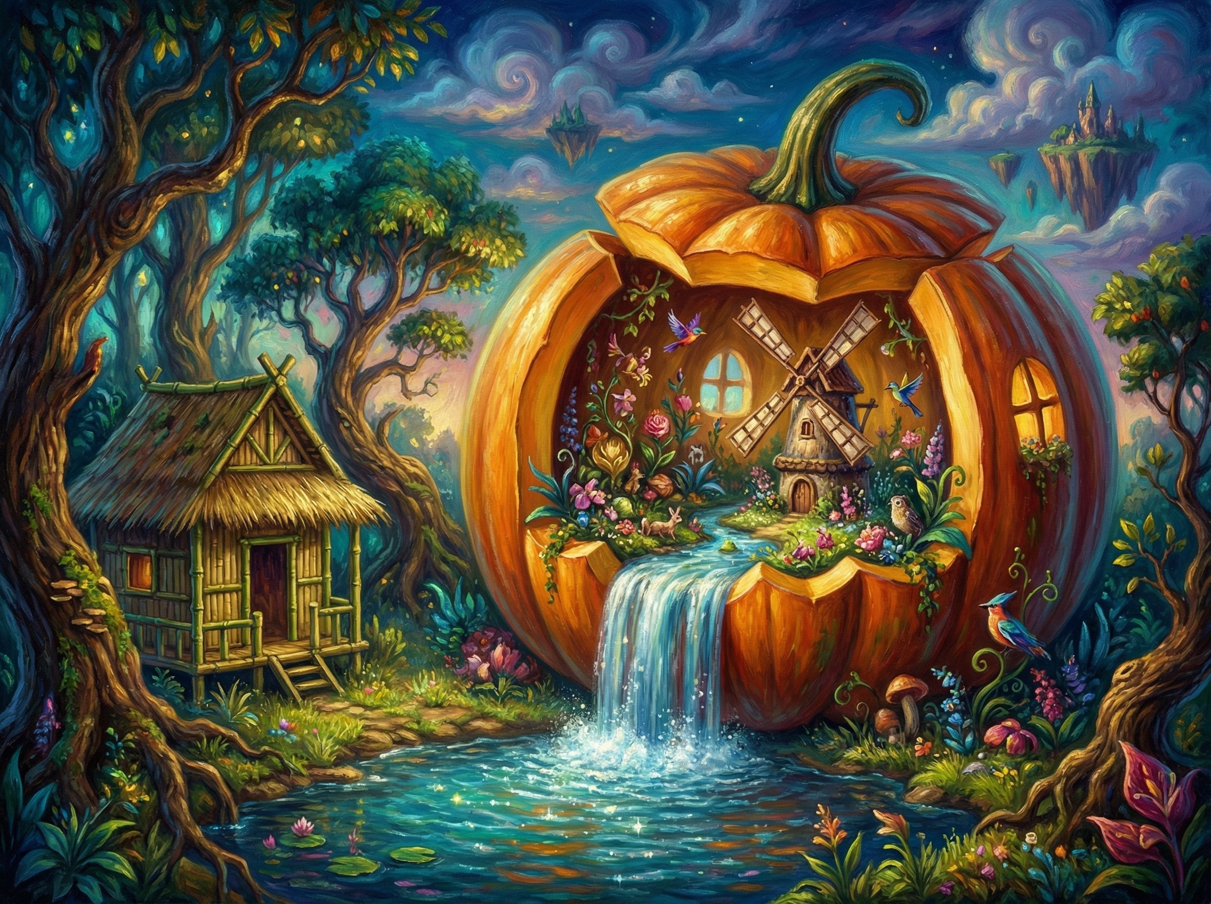 Whimsical Fairytale Landscape with Pumpkin Village