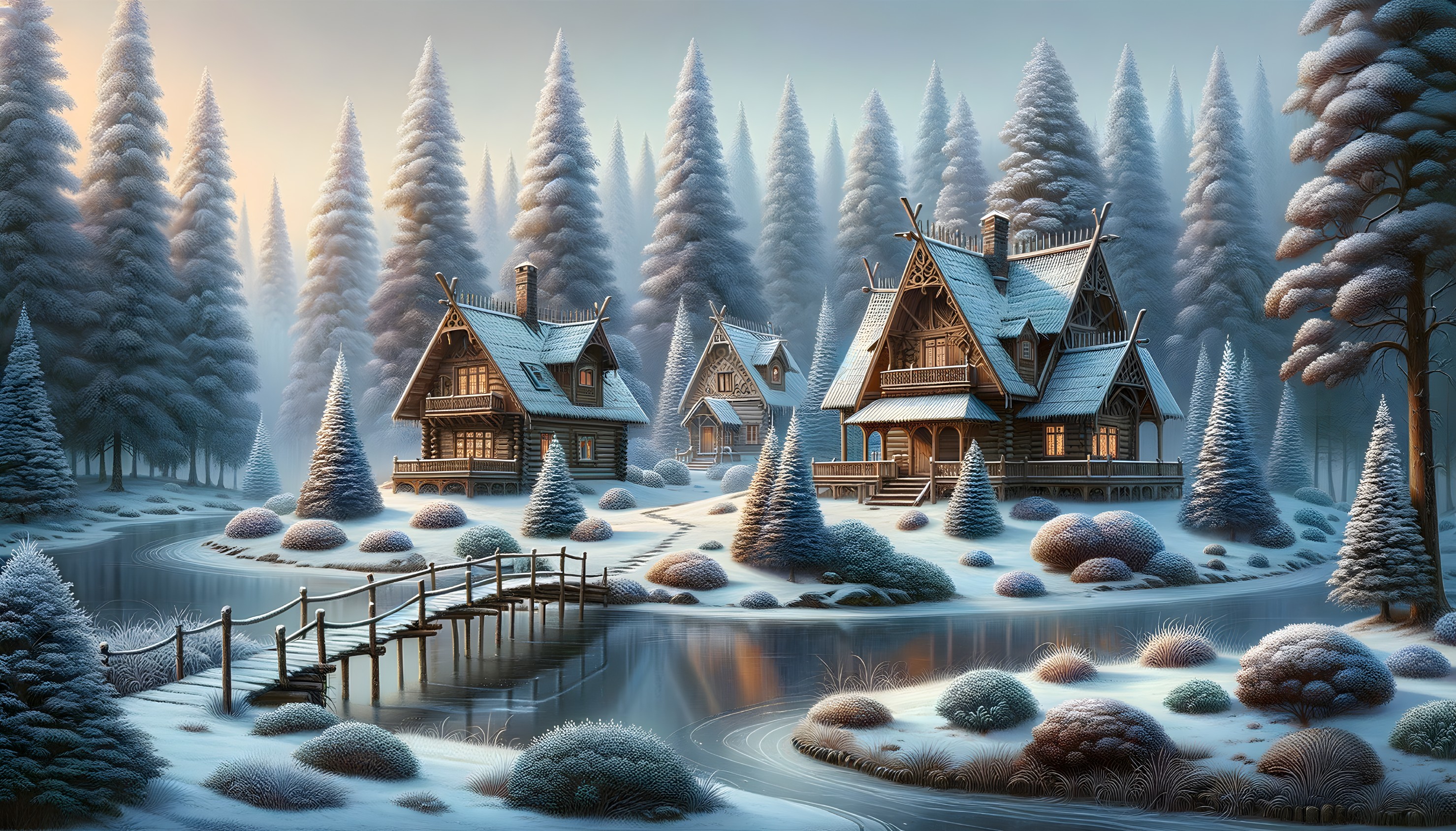 Winter Landscape with Cottages and Snowy Pines