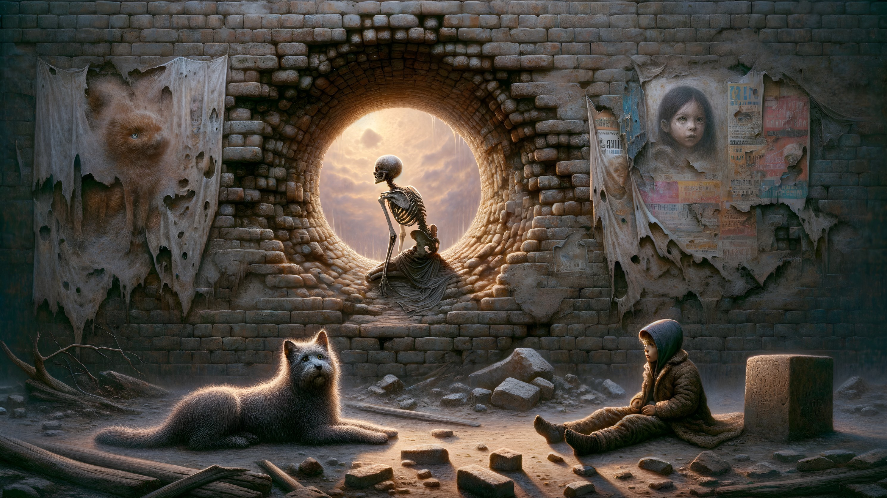 Skeleton in Alcove Overlooking Surreal Landscape