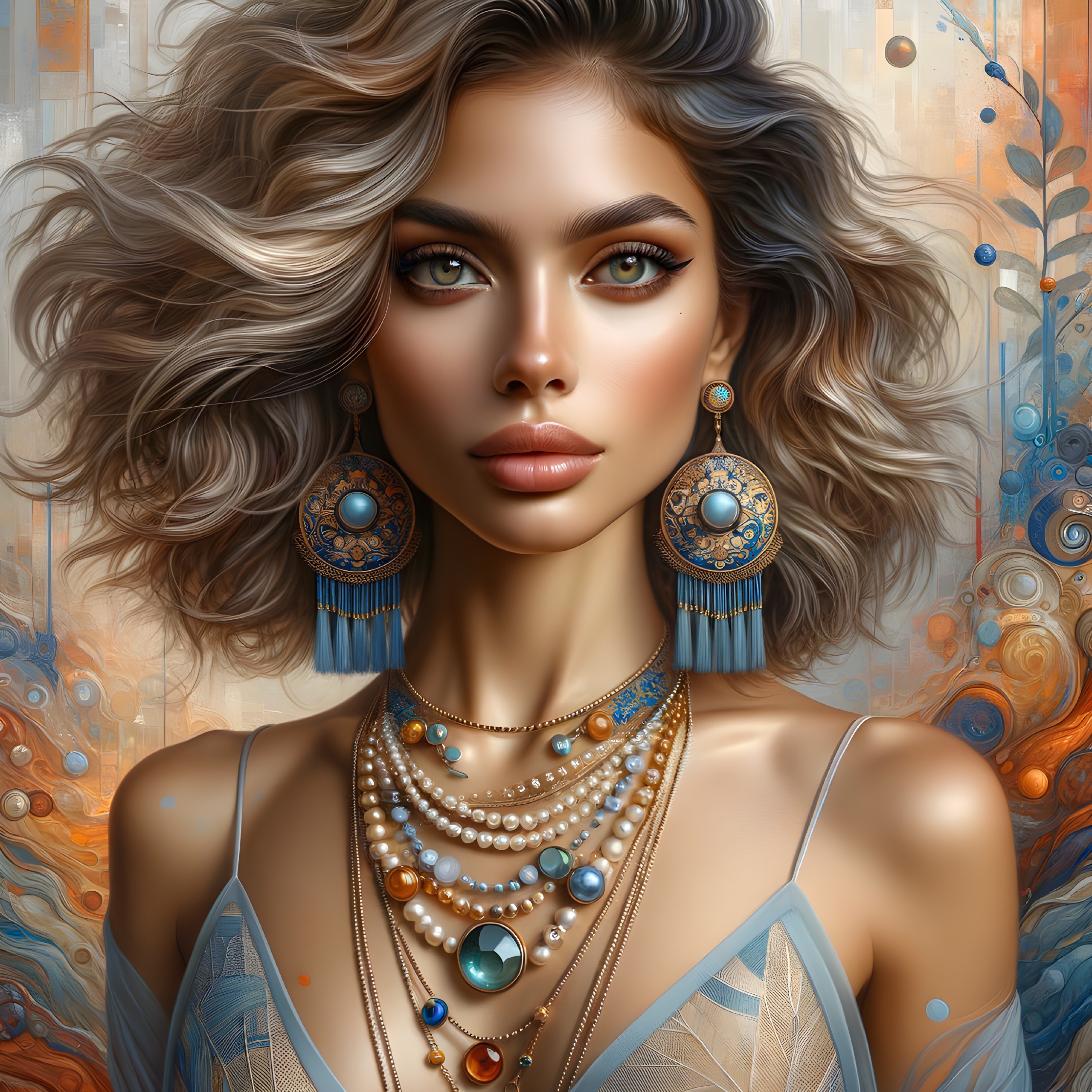 Portrait of a woman with wavy hair and green eyes