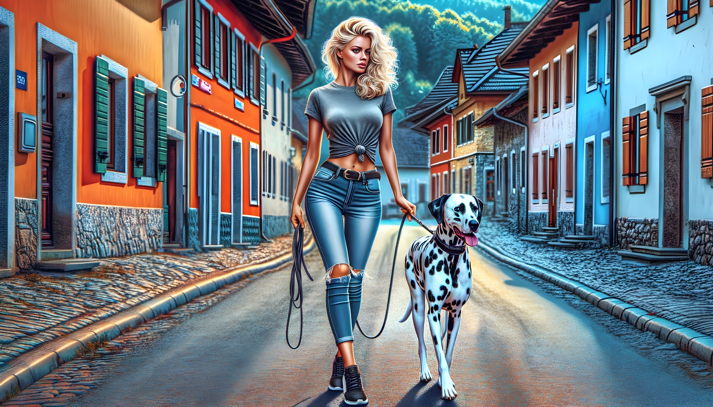 Blonde woman walking Dalmatian dog in colorful village