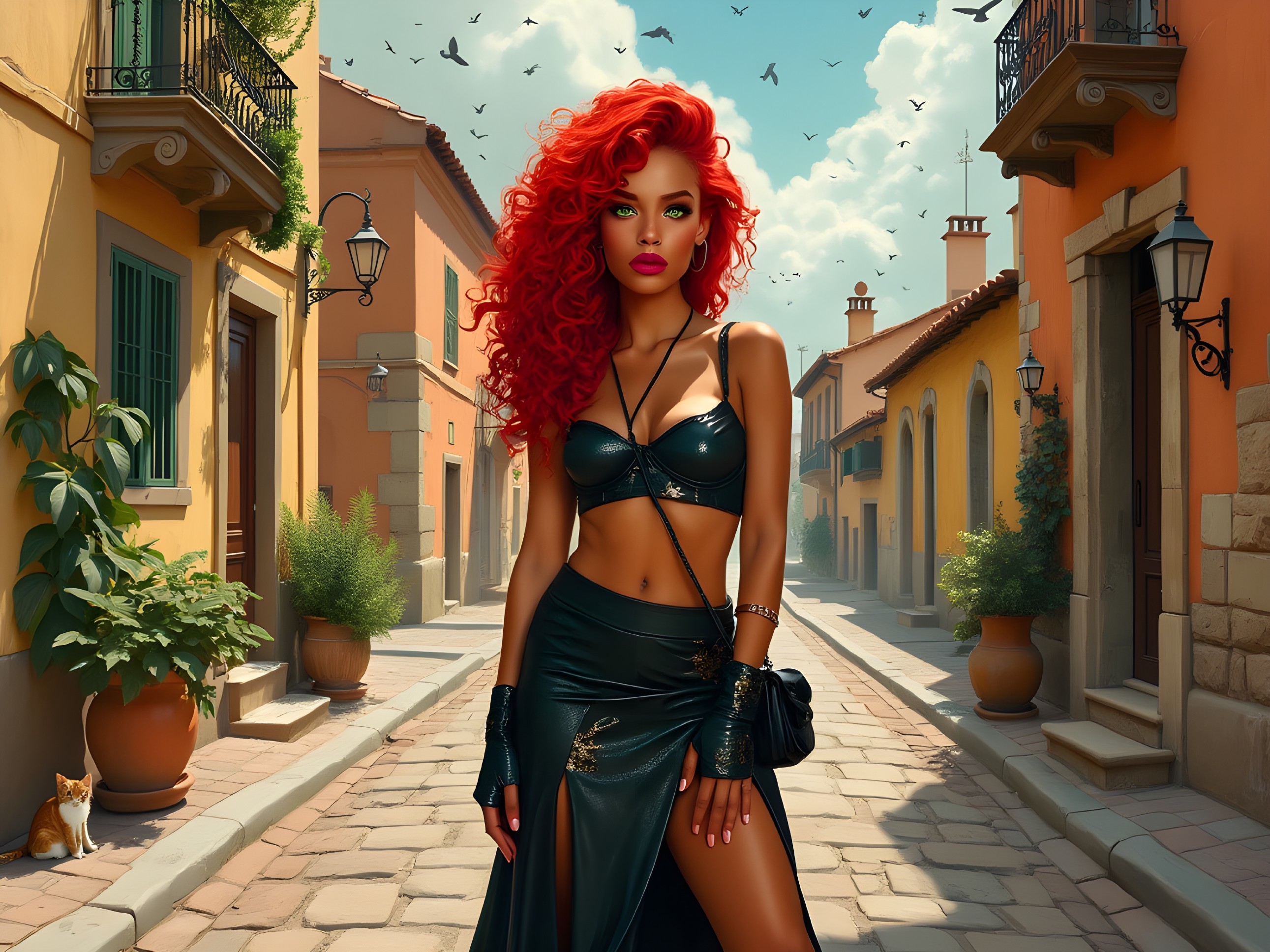 Confident Woman in Black Outfit on Sunlit Street