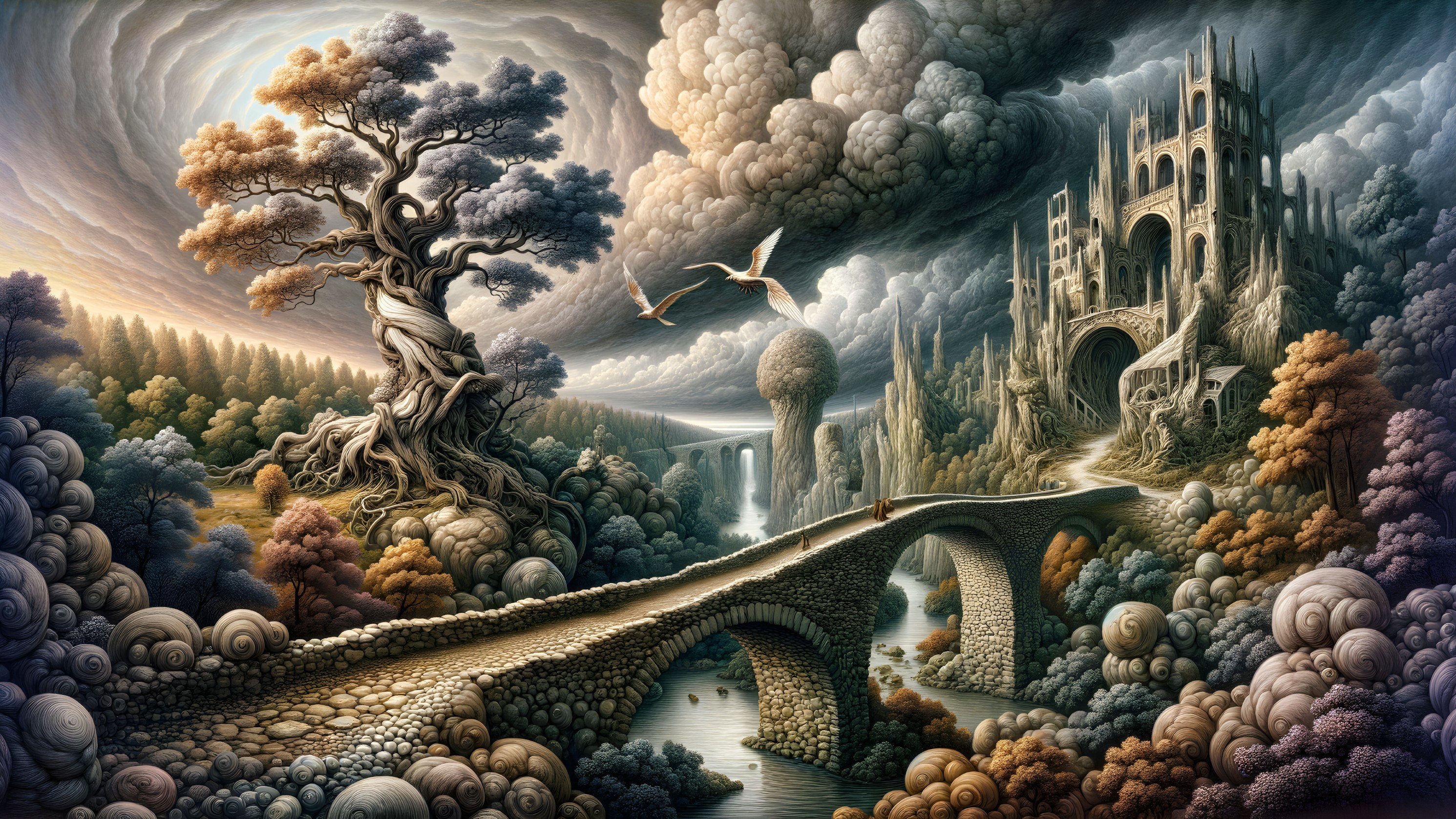 Surreal Landscape with Castle and Winding Bridge
