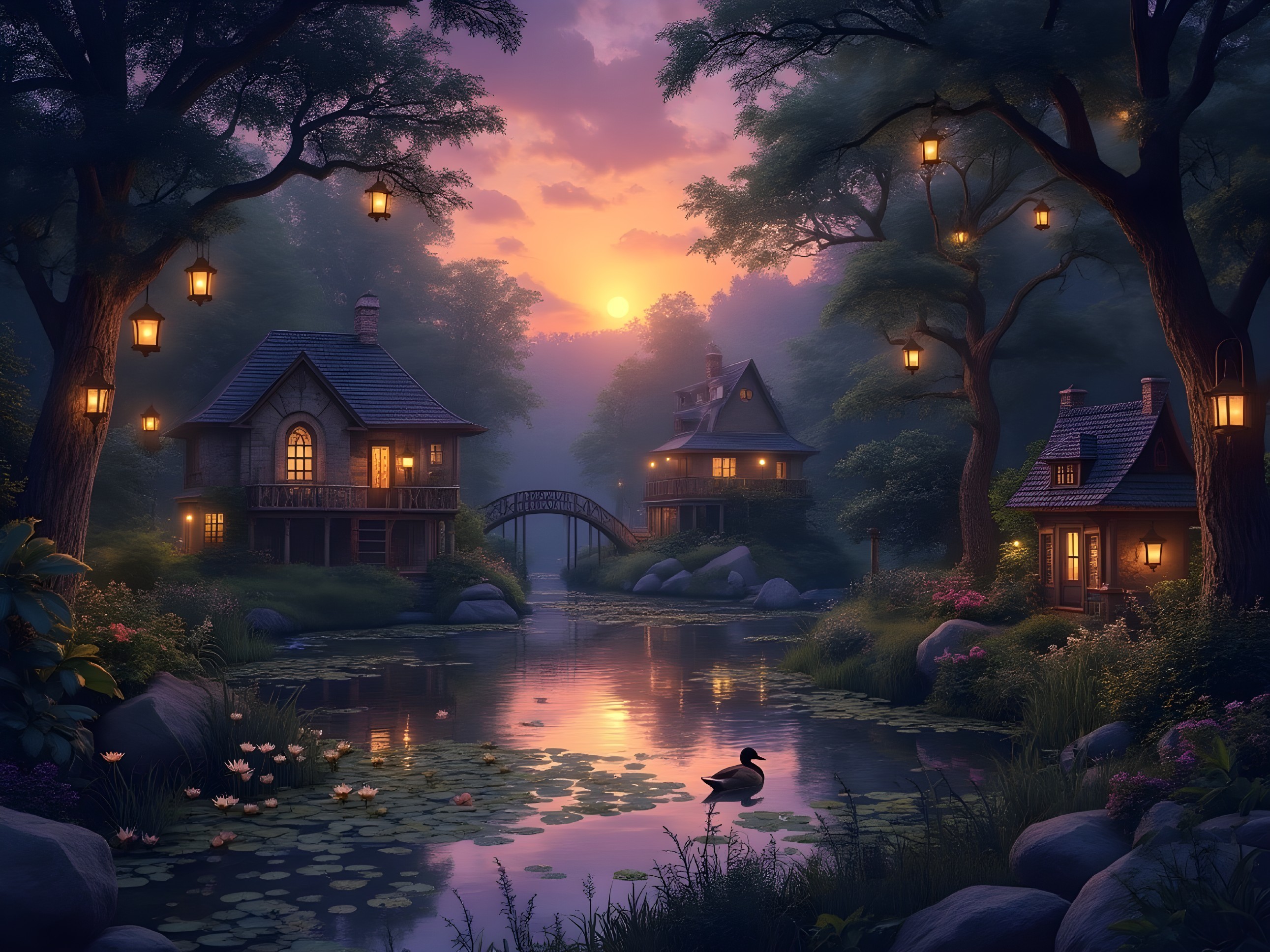 Twilight Scene with Cottages and Tranquil Pond
