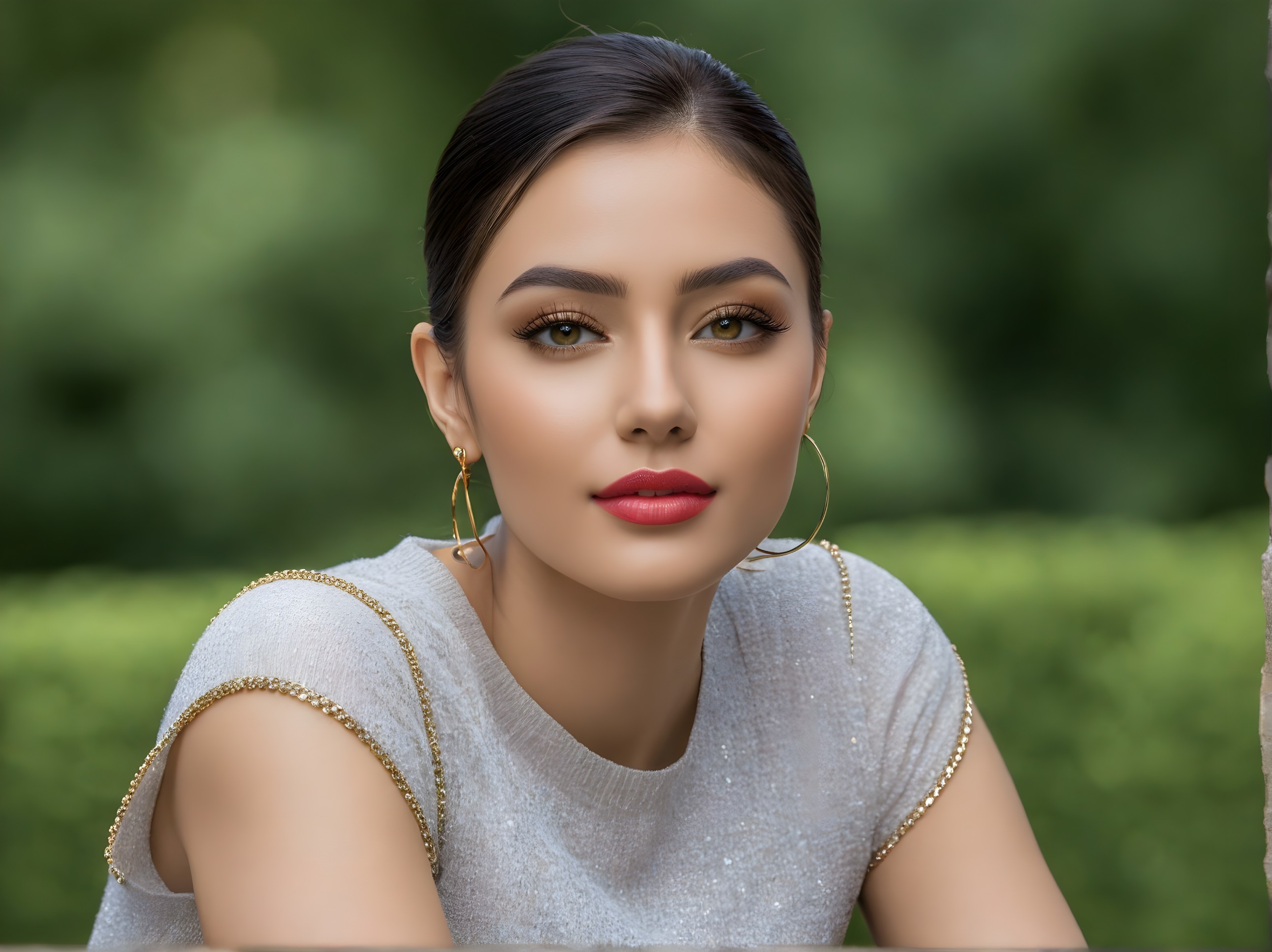 Woman with makeup and hoop earrings in sparkling top against green background