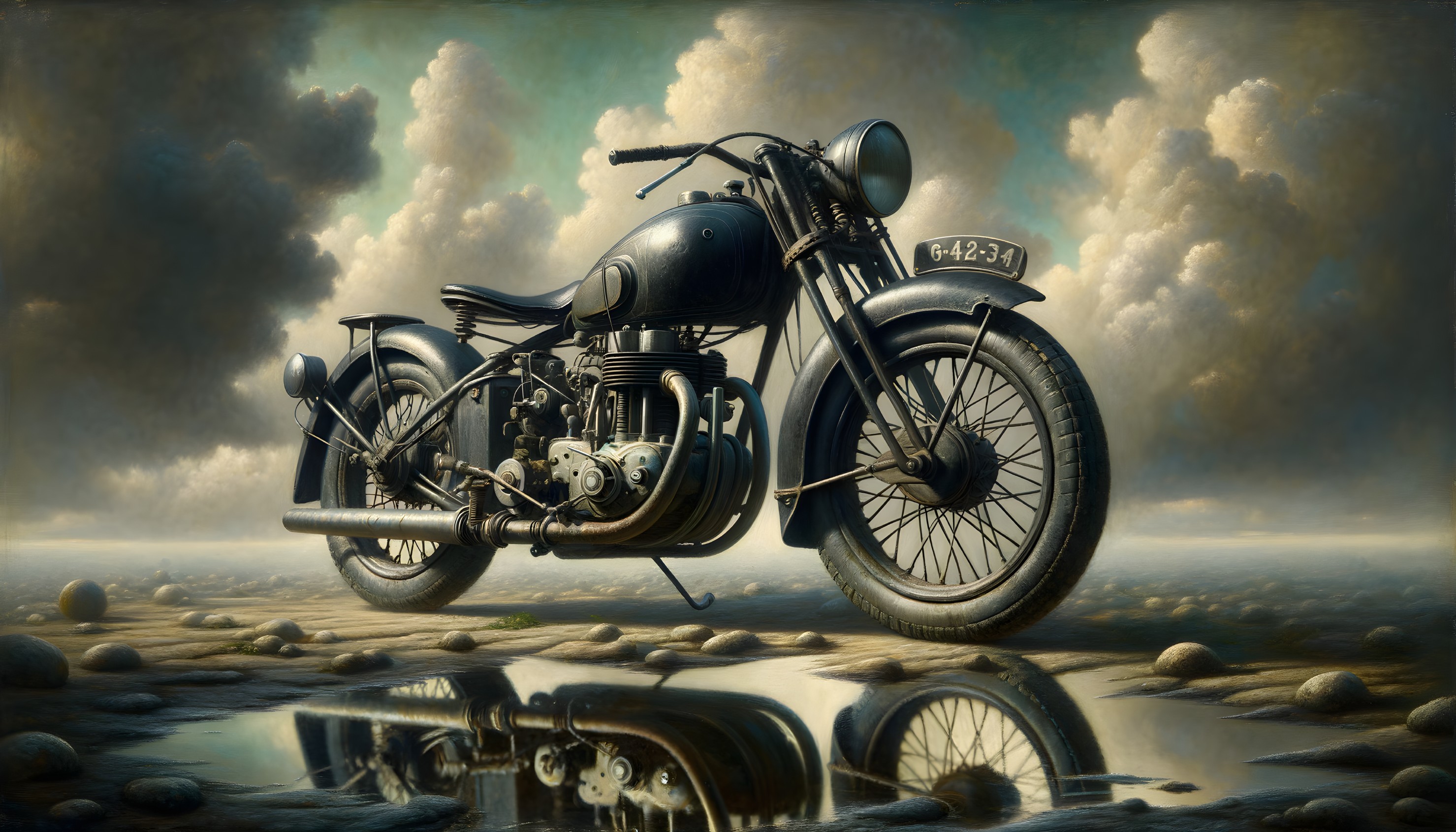 Vintage Motorcycle on Reflective Surface with Clouds