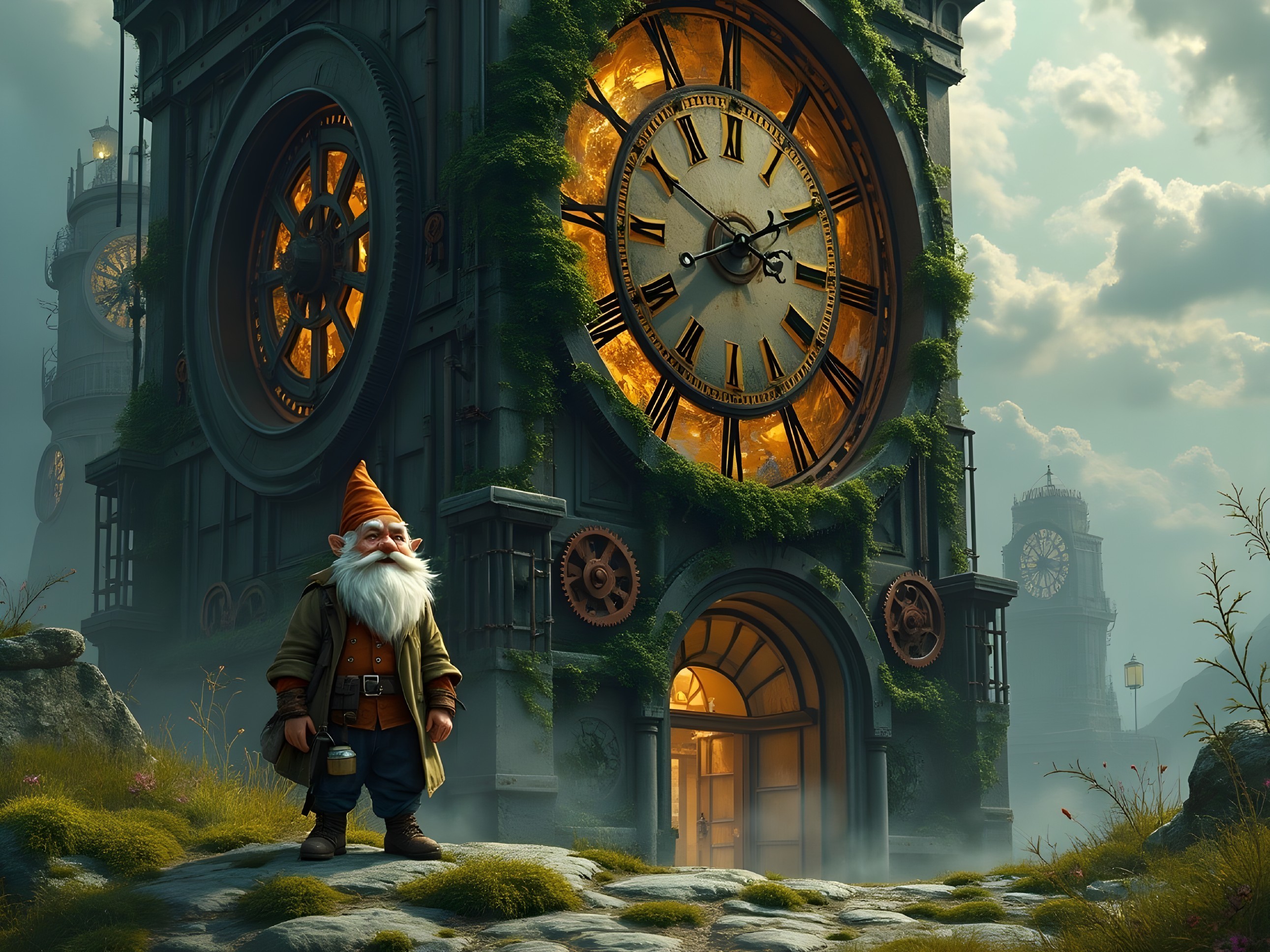 Cheerful gnome by ornate clock tower in whimsical scene