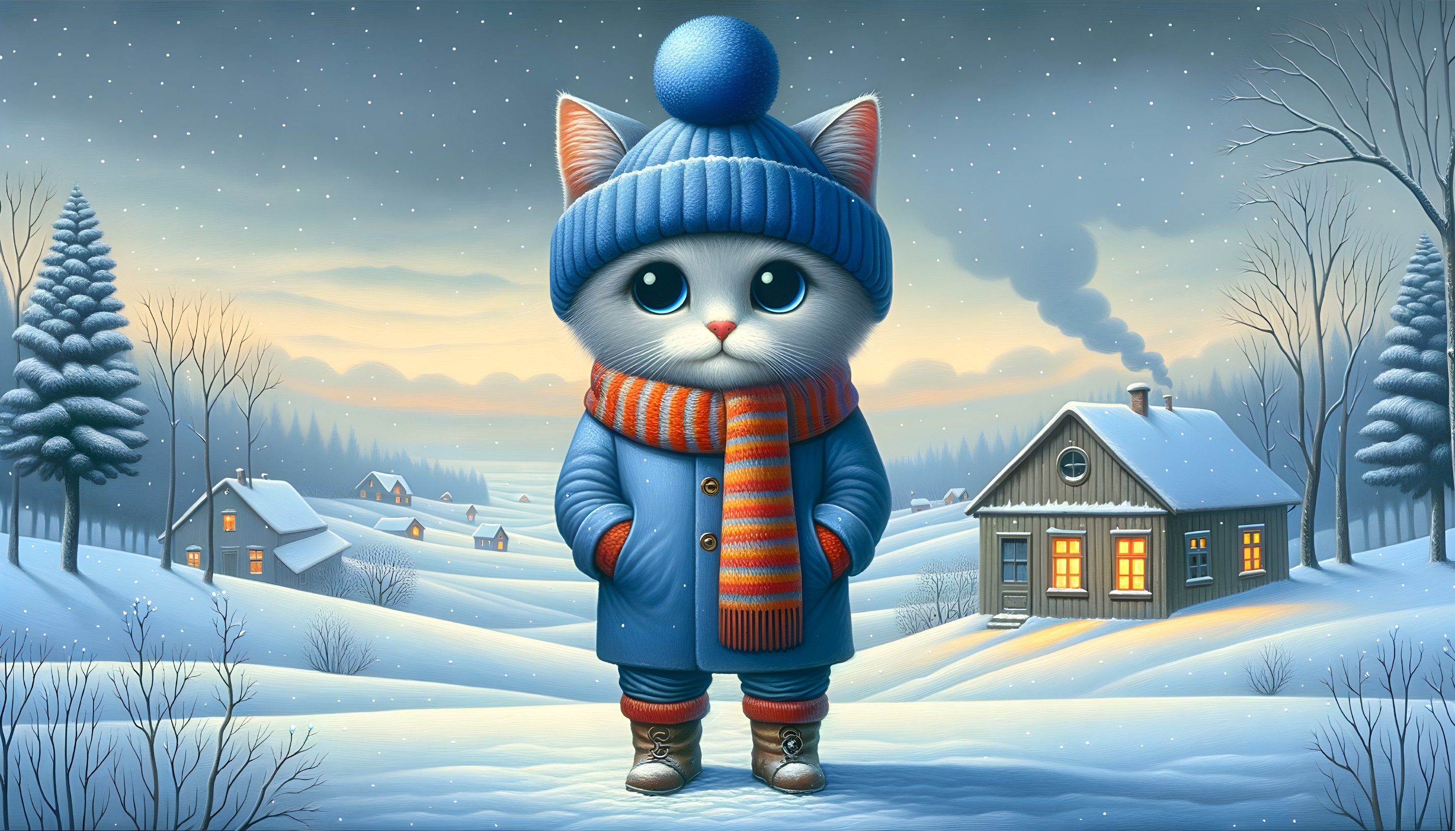 Cartoon Cat in Snowy Landscape with Cozy House