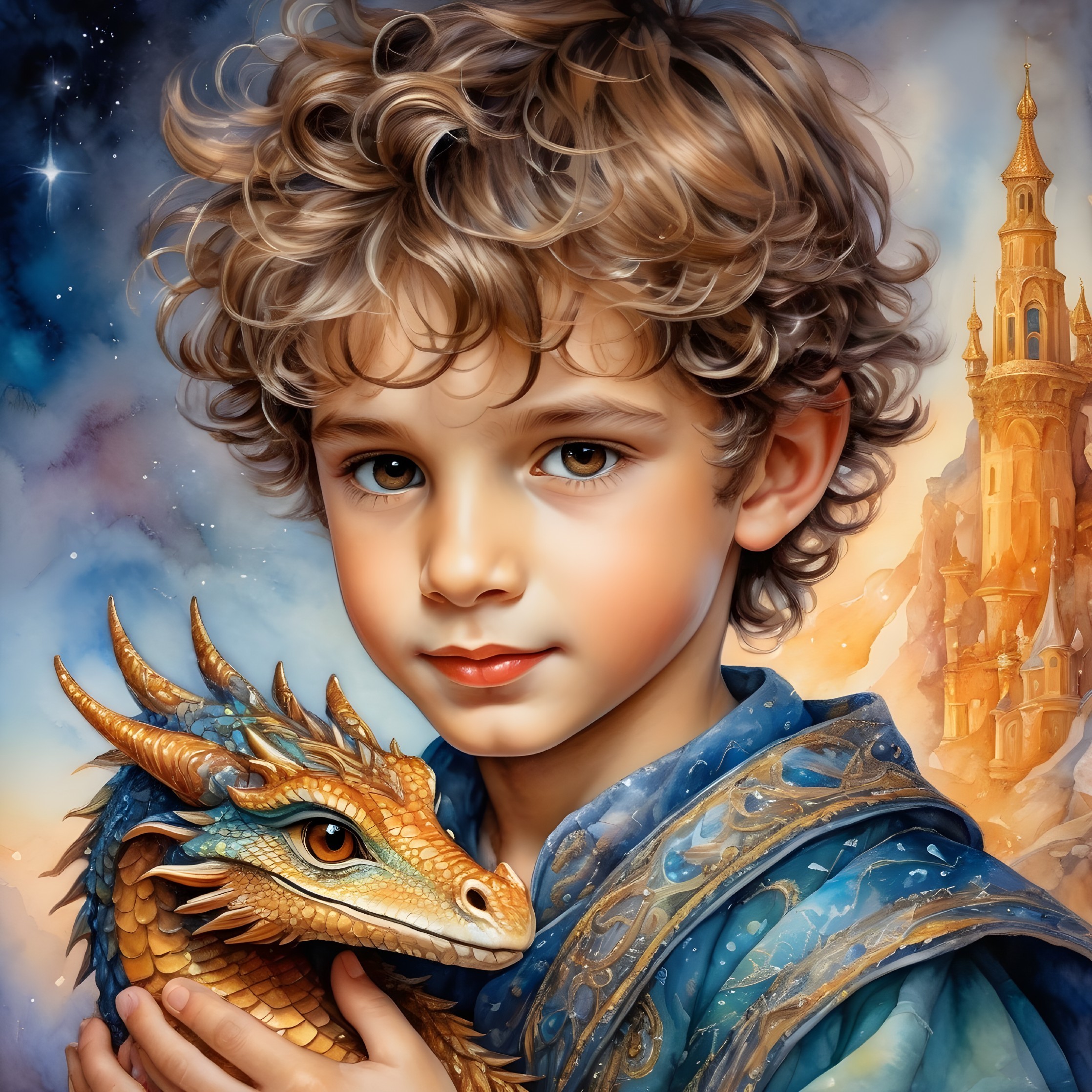 Young boy cradles small dragon in a mystical landscape