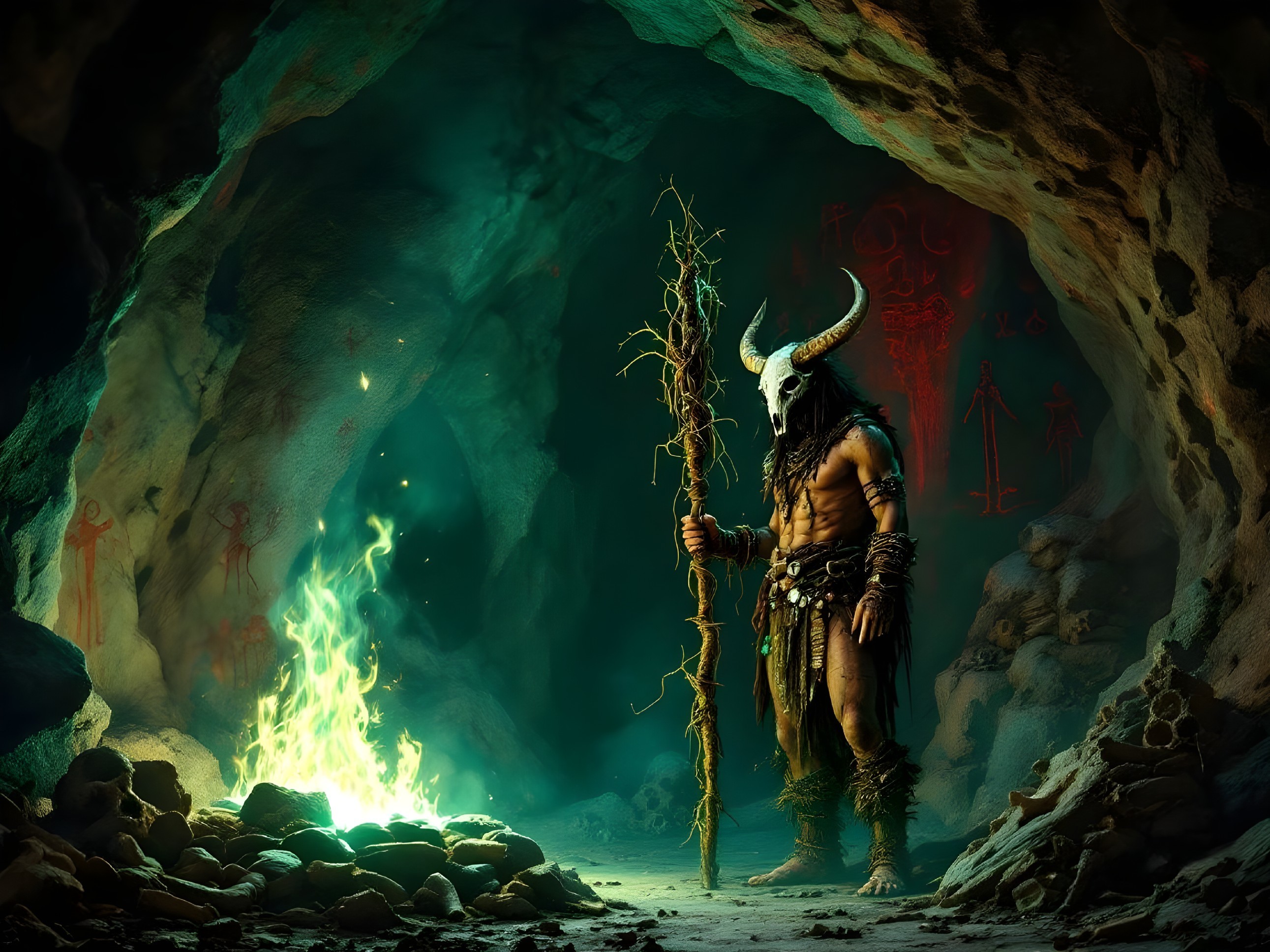 Muscular Figure in Horned Mask in Dim Cave Ritual