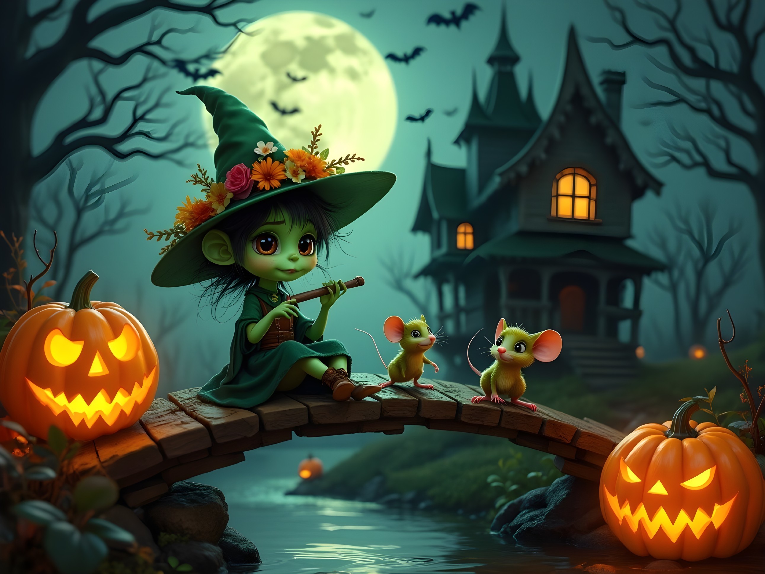 Whimsical Witch Playing Lute Under Full Moon