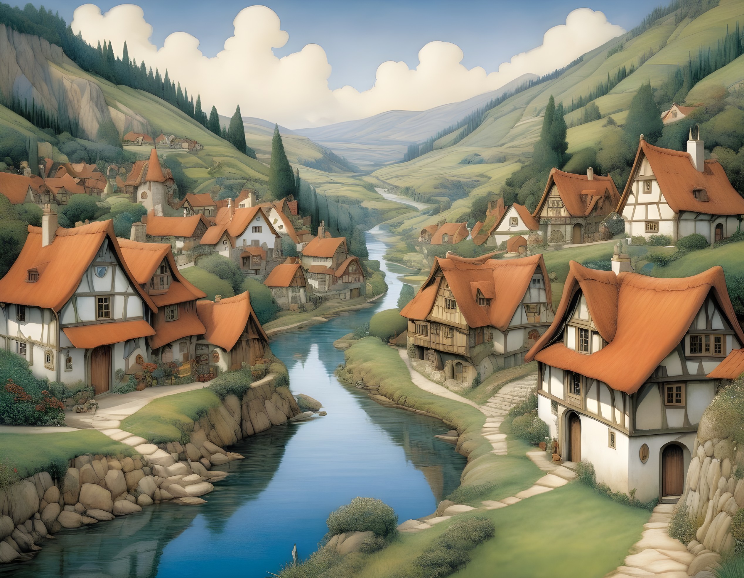 Idyllic Village with Quaint Houses by a Serene River