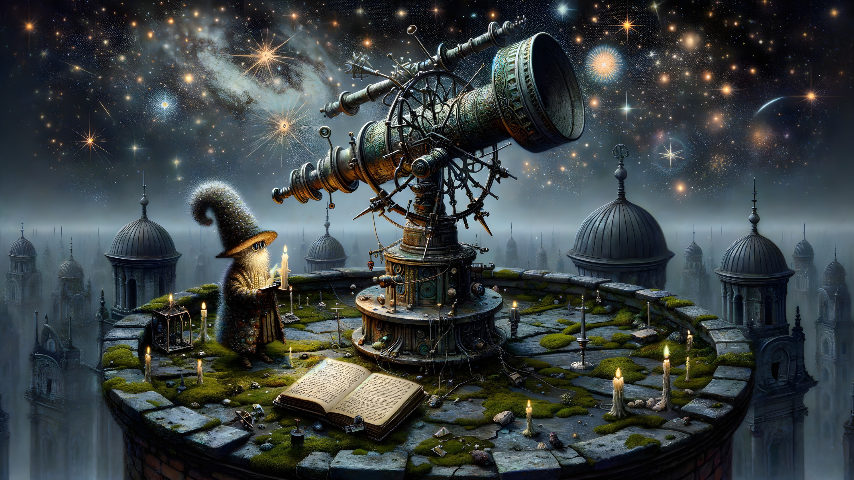 Wizard Observing Cosmos with Telescope at Twilight