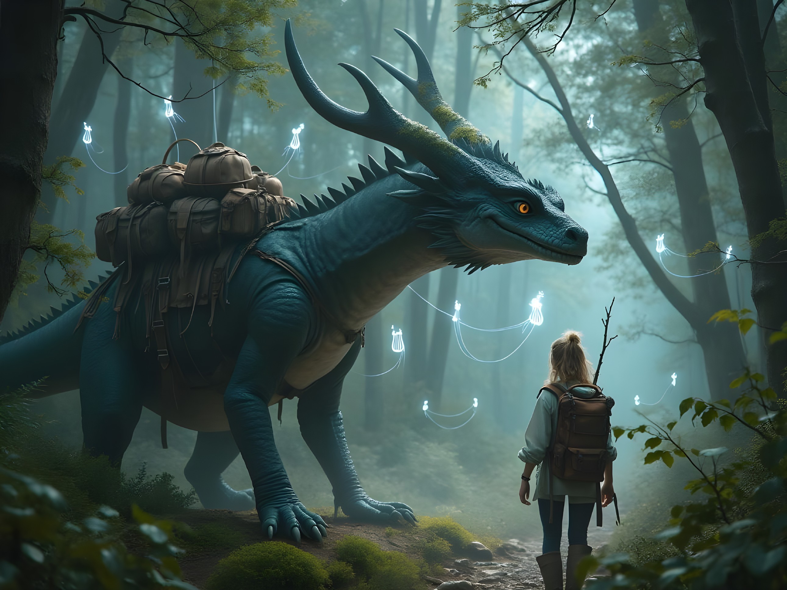 Young Woman and Dragon in a Misty Forest Setting
