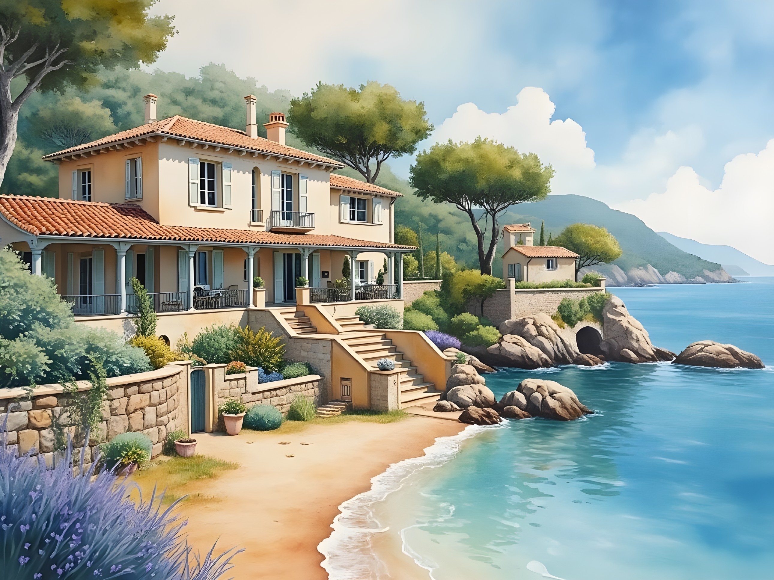 Coastal Villa Surrounded by Lush Greenery and Beach