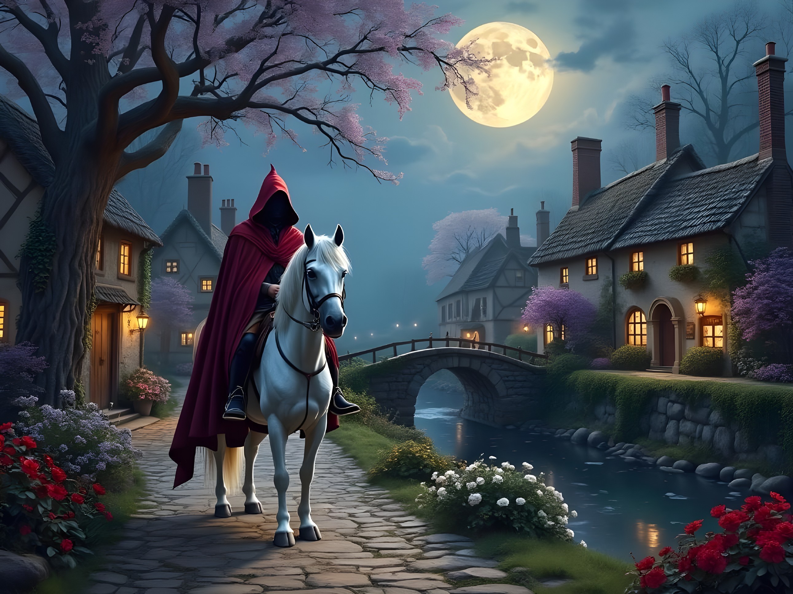 Cloaked Figure on Horse in Moonlit Cottage Scene
