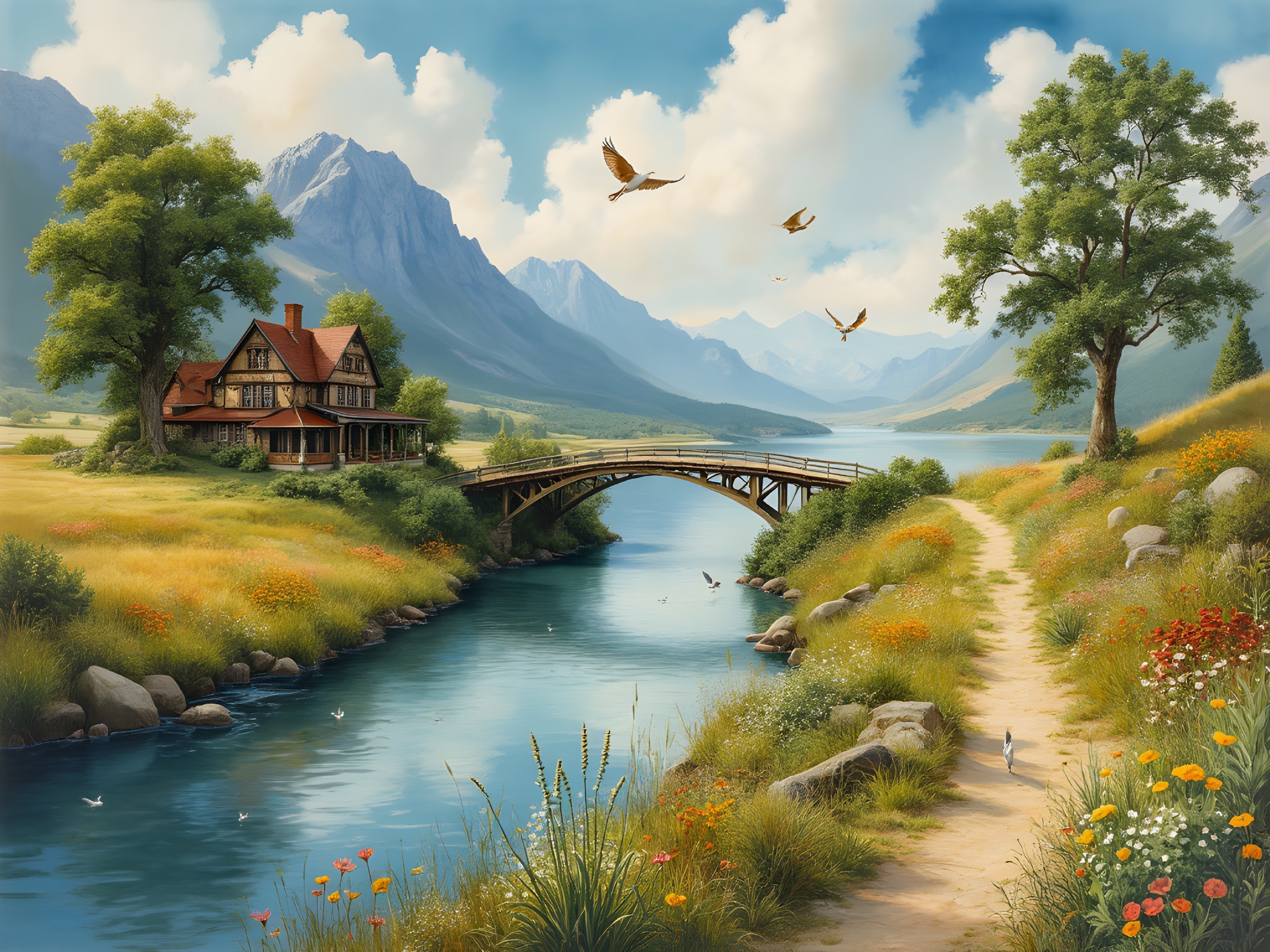 Charming House by River with Bridge and Mountains