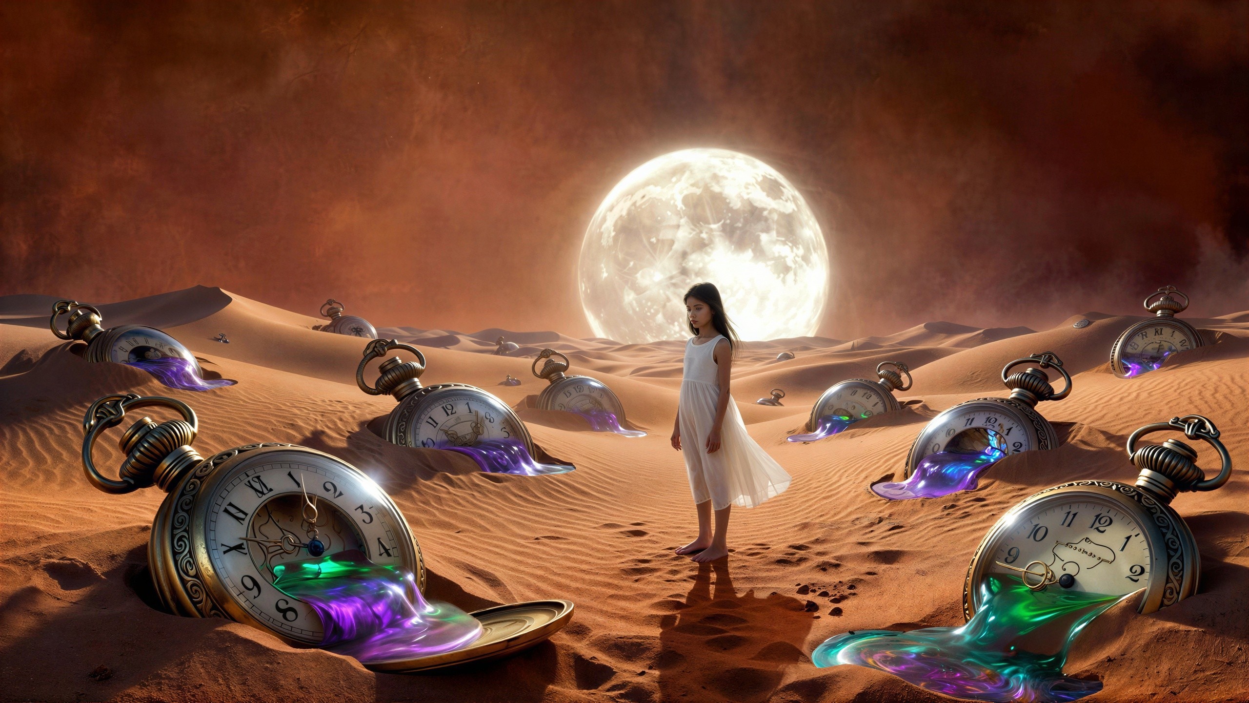 Young girl in white dress in surreal desert landscape