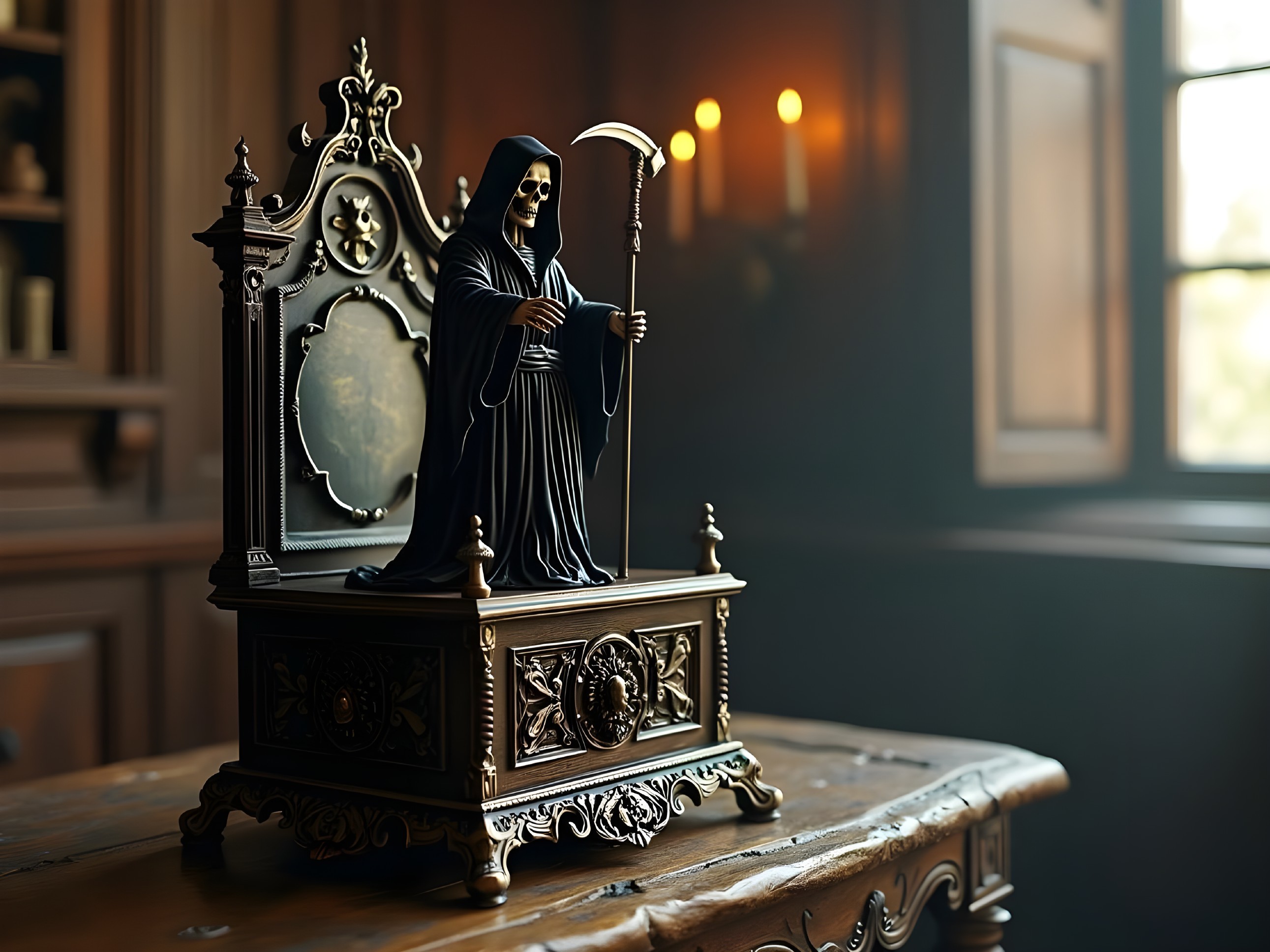 Detailed Grim Reaper Statue on Ornate Pedestal