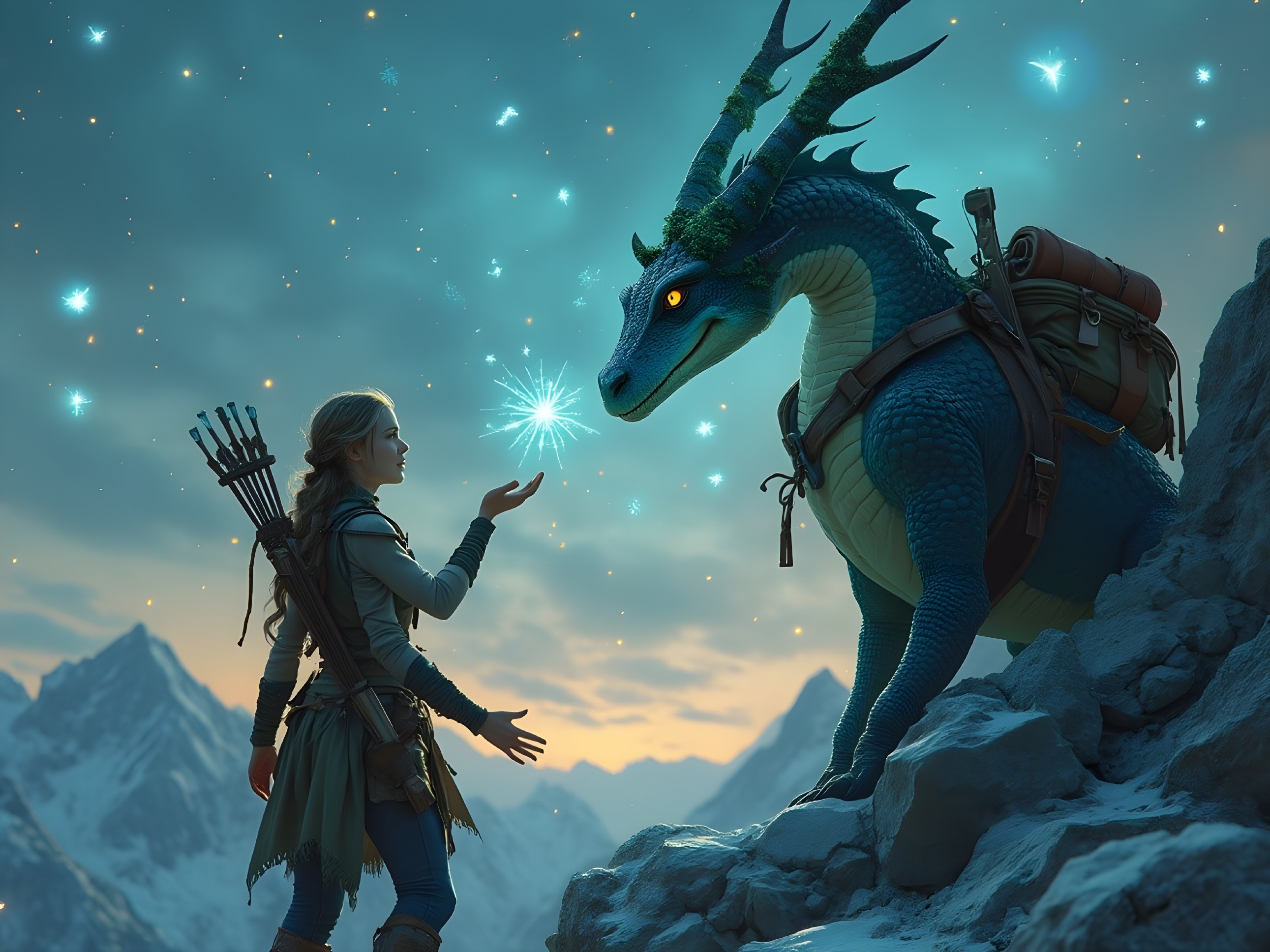 Adventurer and Dragon in a Mystical Dusk Landscape