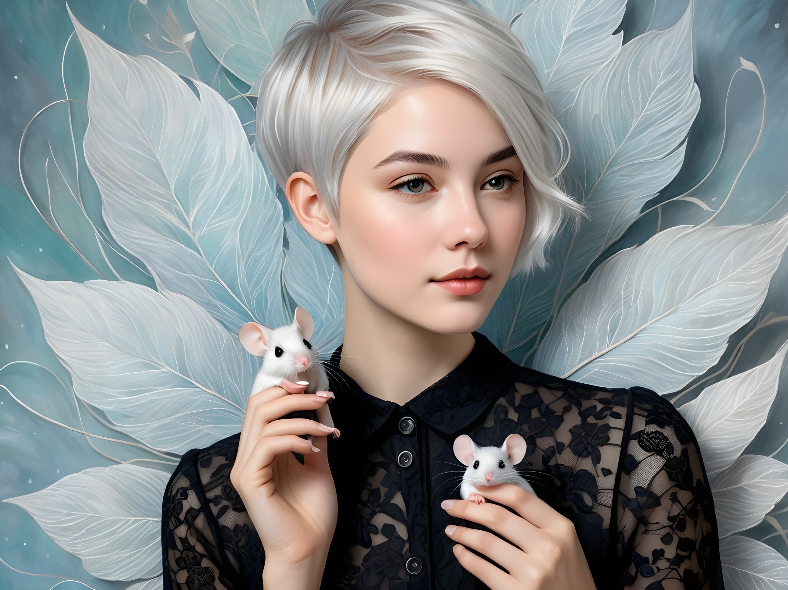 Young woman with mice in lace blouse against blue leaves