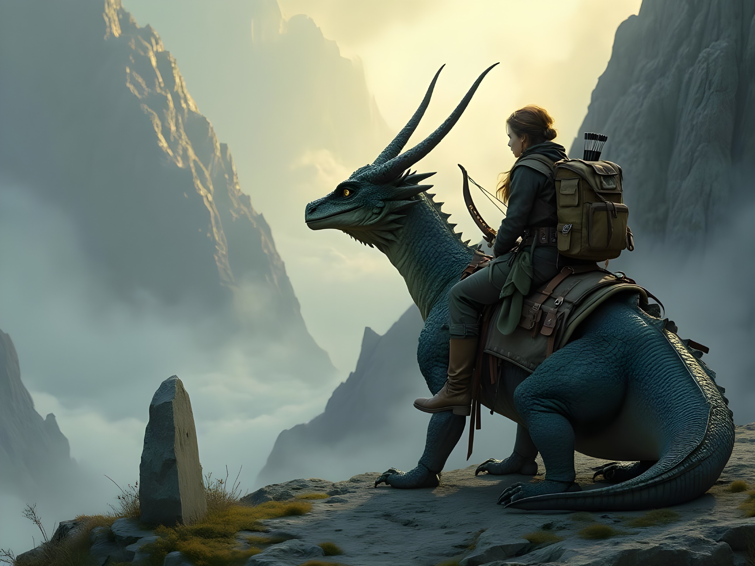 Lone figure on dragon overlooking misty mountainscape