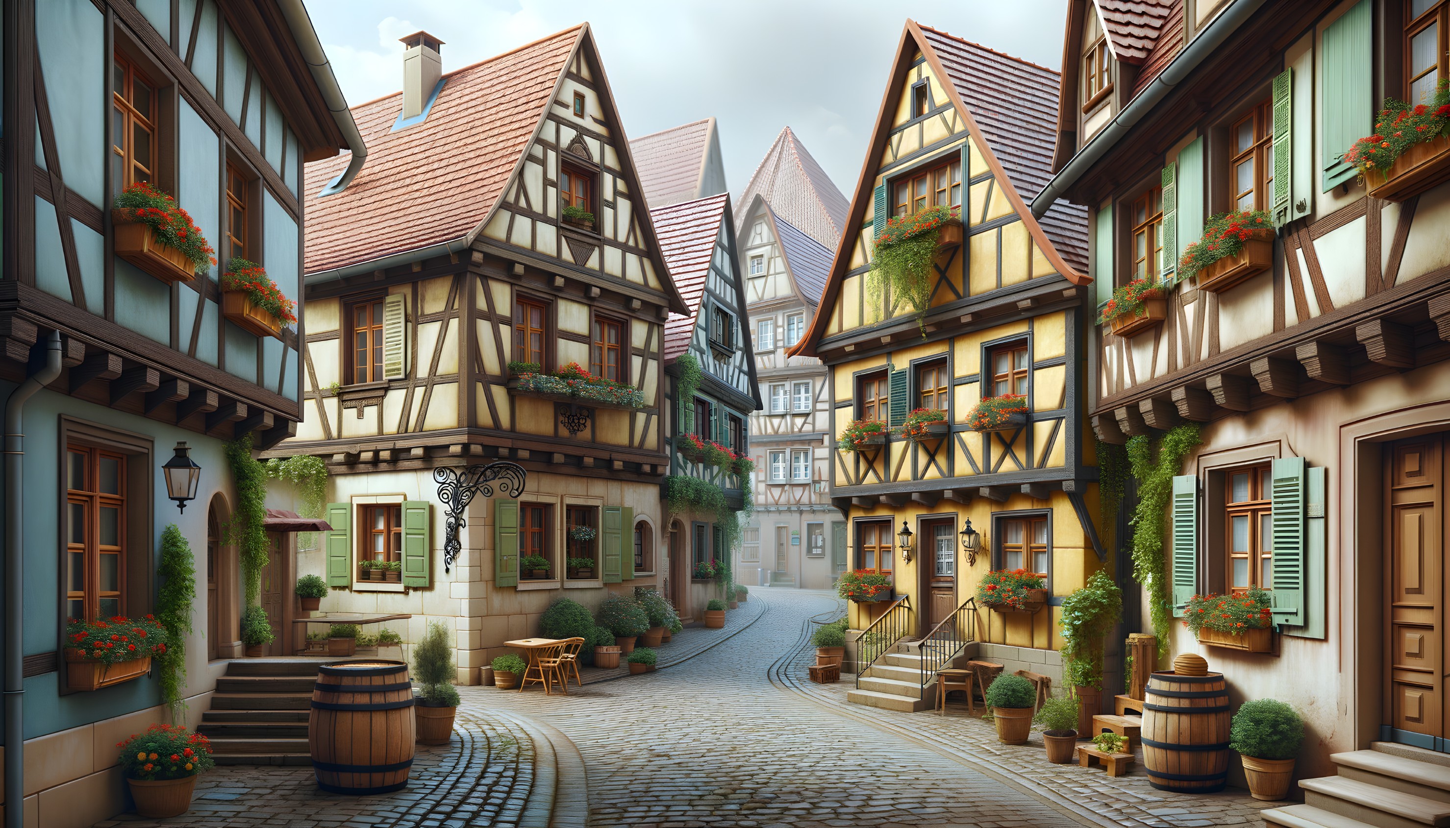Charming Cobblestone Street with Half-Timbered Houses
