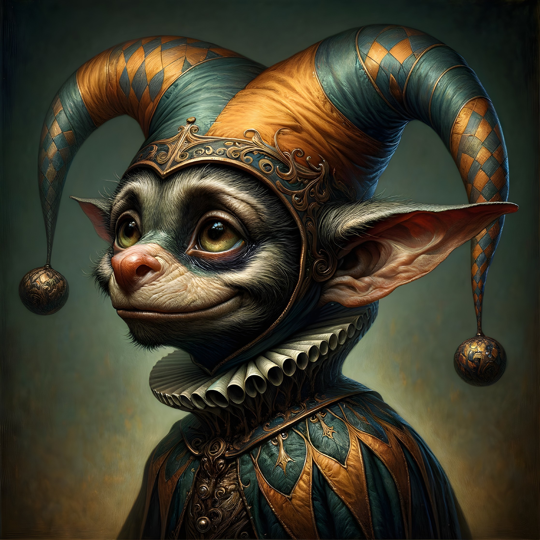Whimsical Creature in Vibrant Jester Costume