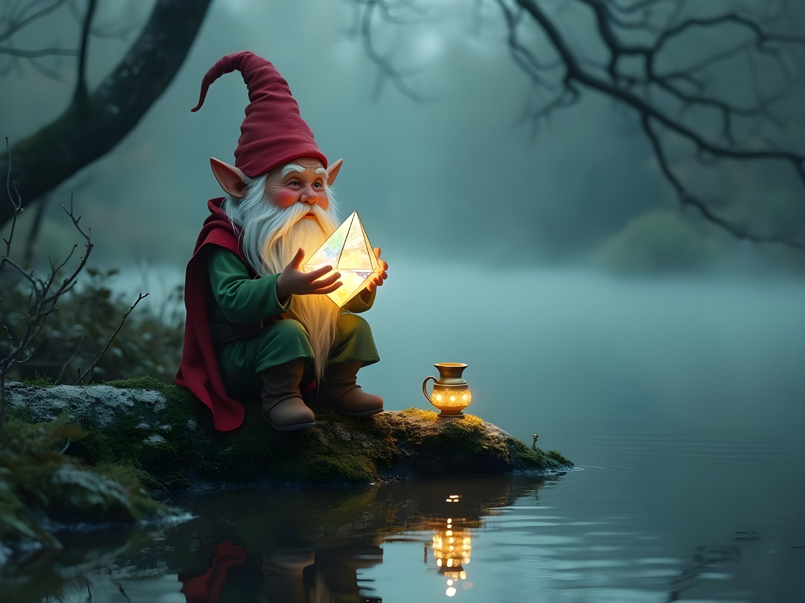 Whimsical Gnome by Misty Lake with Glowing Pyramid