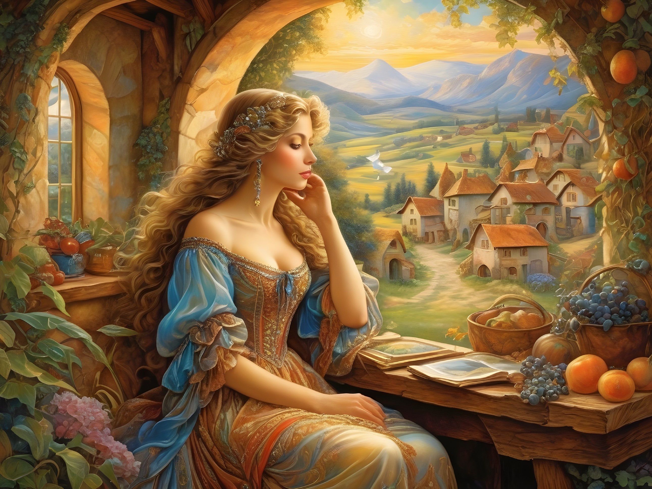 Serene Woman by Sunlit Window with Countryside View