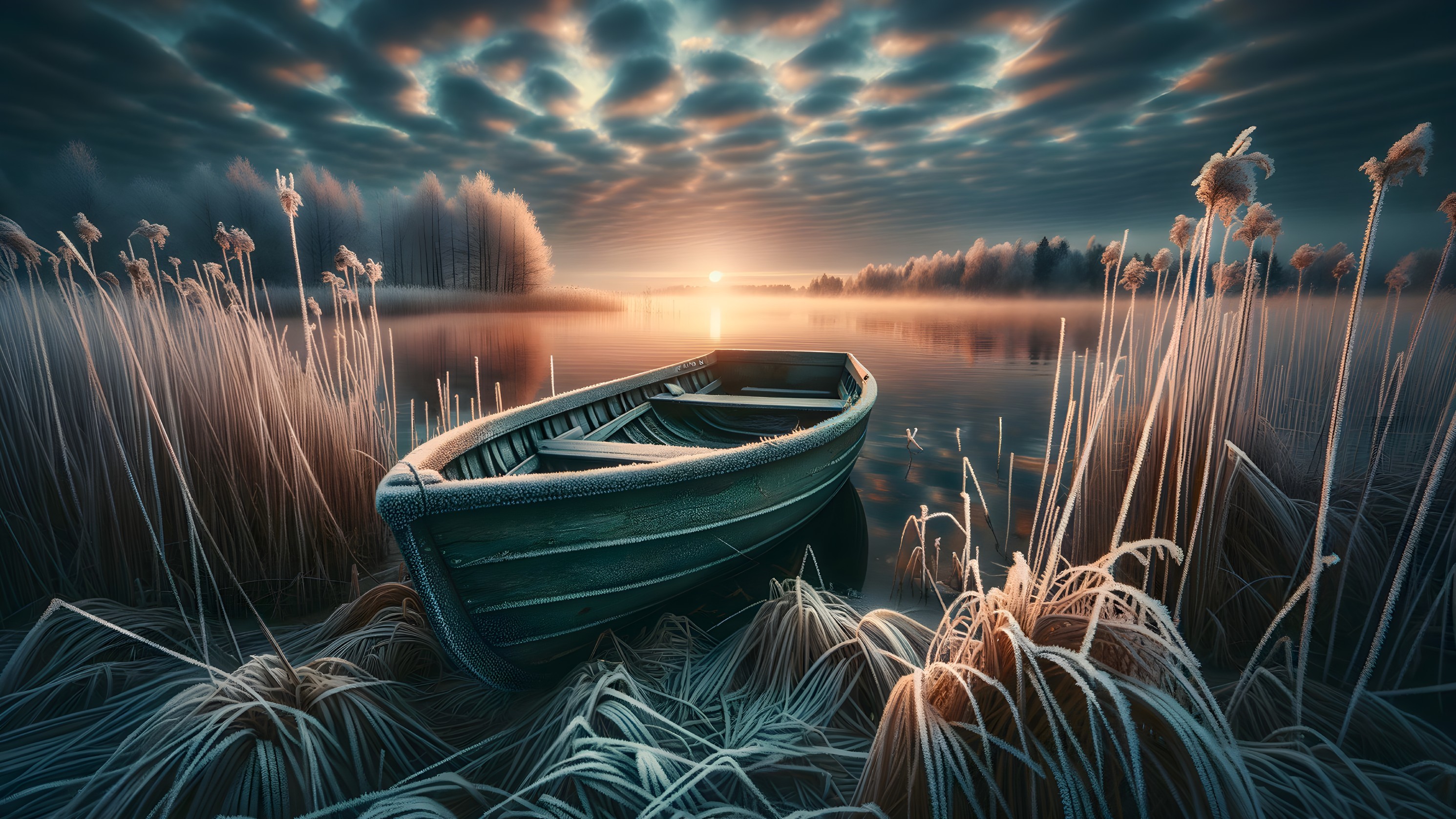 Serene Winter Scene of Boat by Tranquil Lake