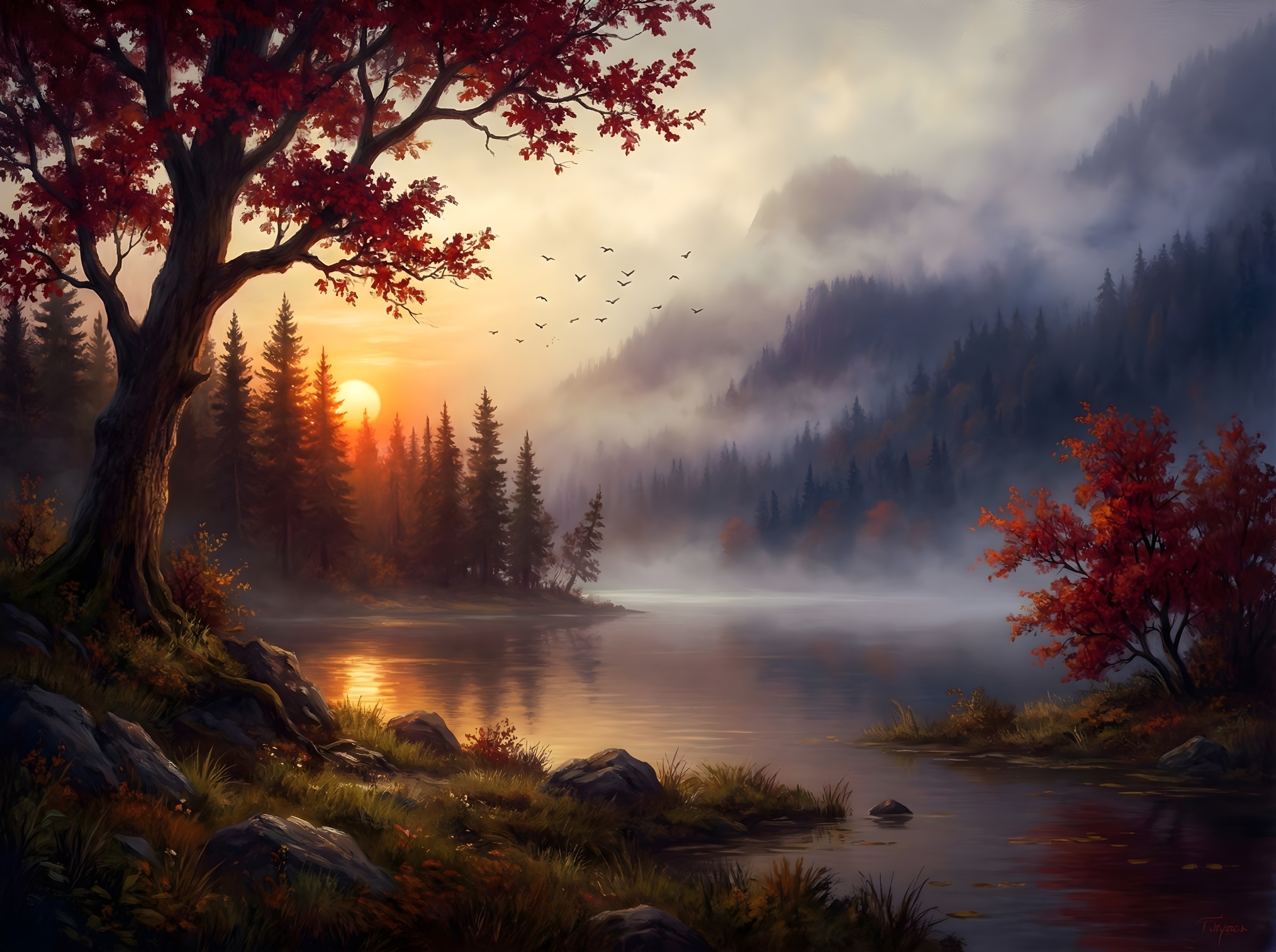 Romantic dark fantasy painting of a foggy lake at sunset