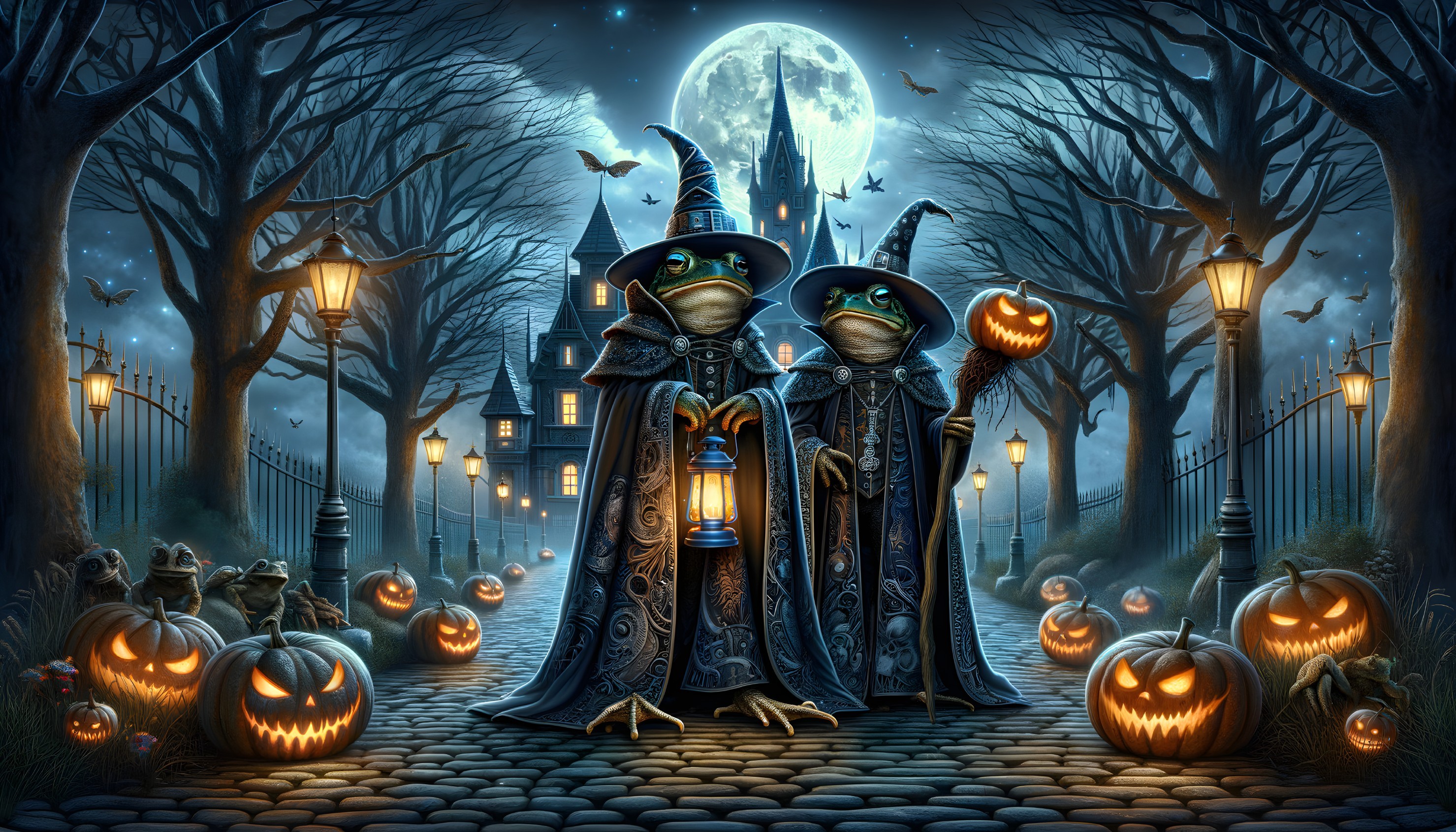 Whimsical Halloween Scene with Frogs and Castle