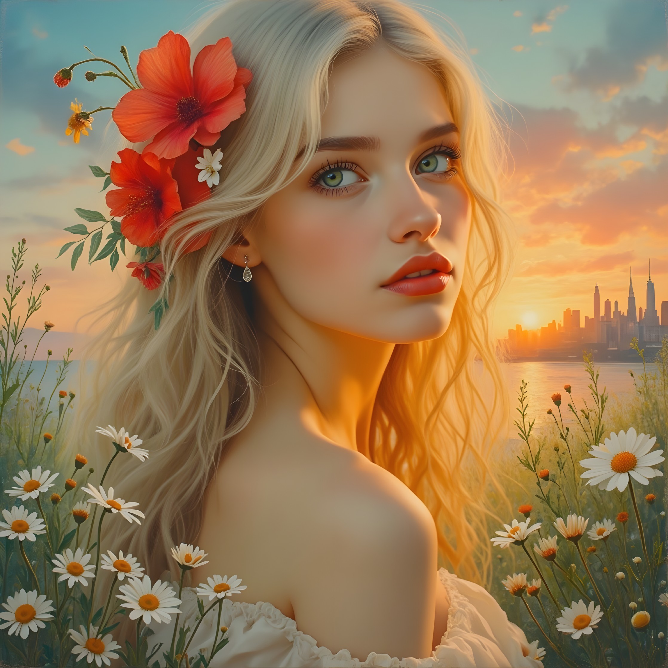 Young Woman with Flowers Against Sunset Background