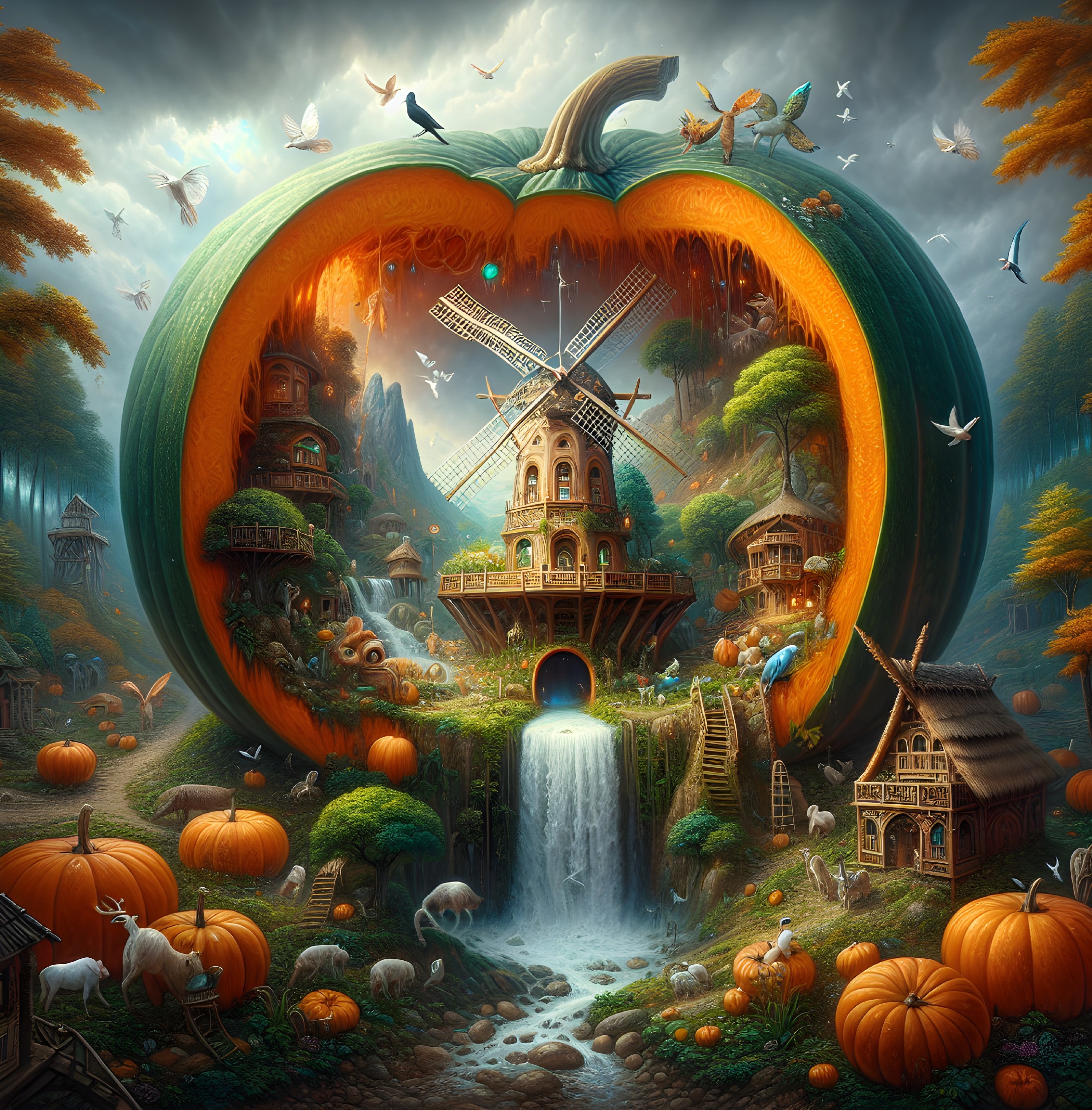 Giant Pumpkin Village with Windmill and Waterfall