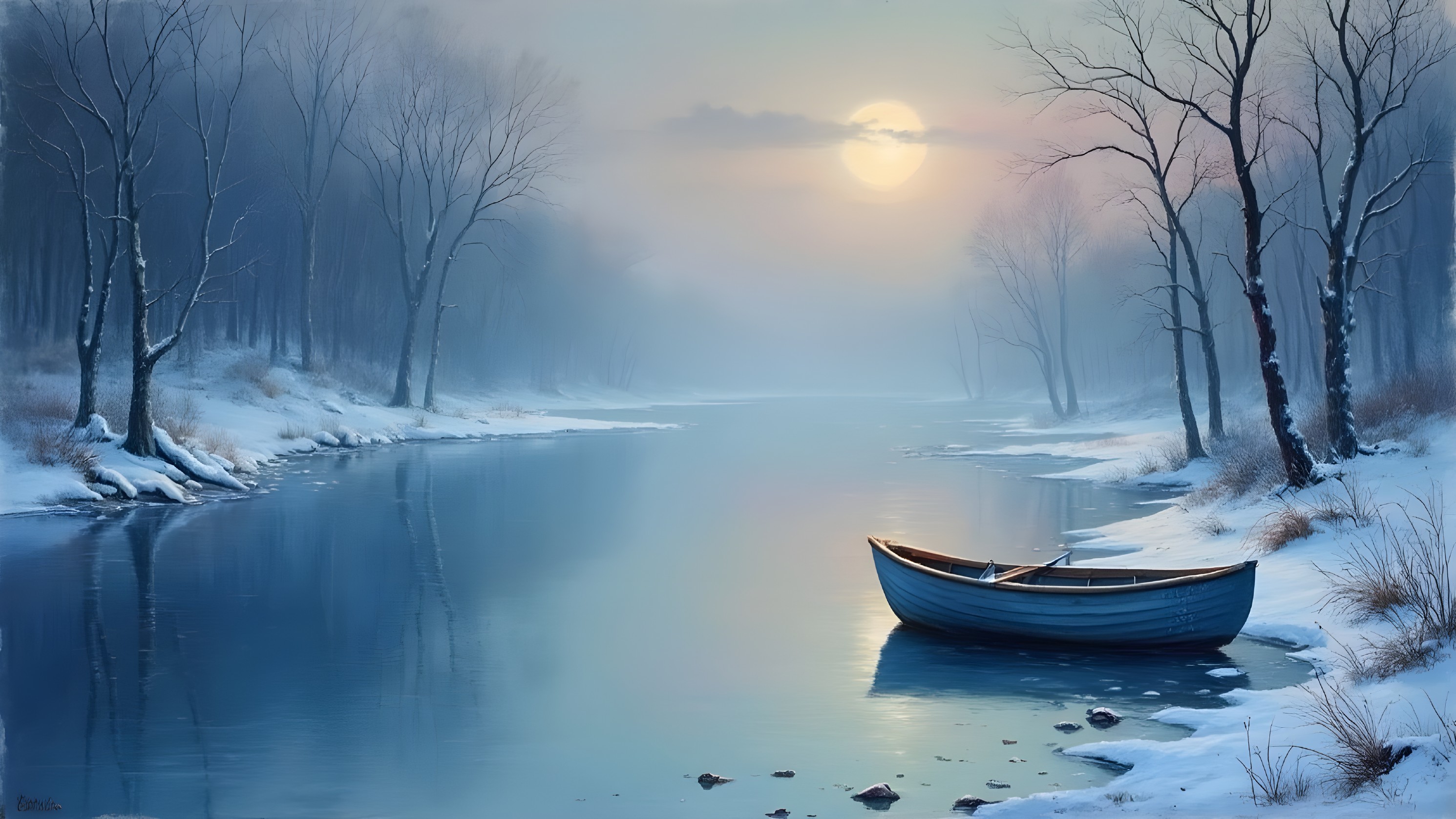 Serene Winter Landscape with Tranquil River and Sunrise