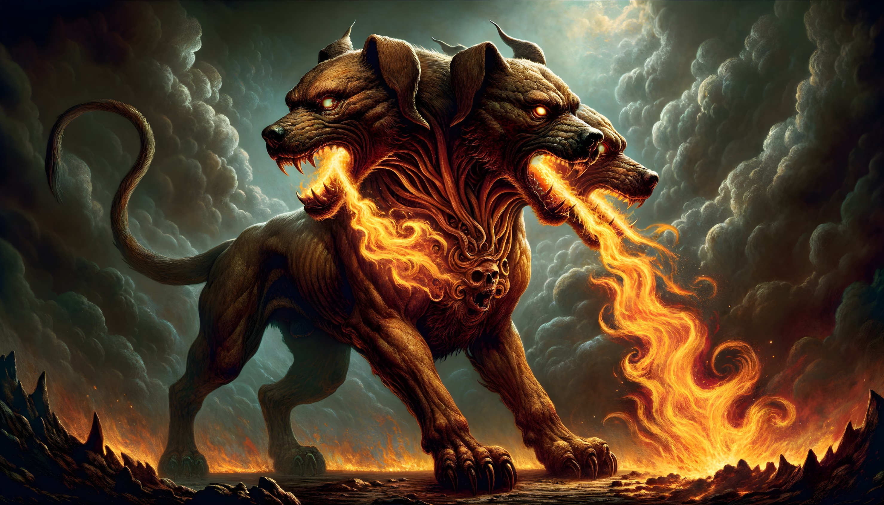 Mythological two-headed hound breathing fire under dramatic sky